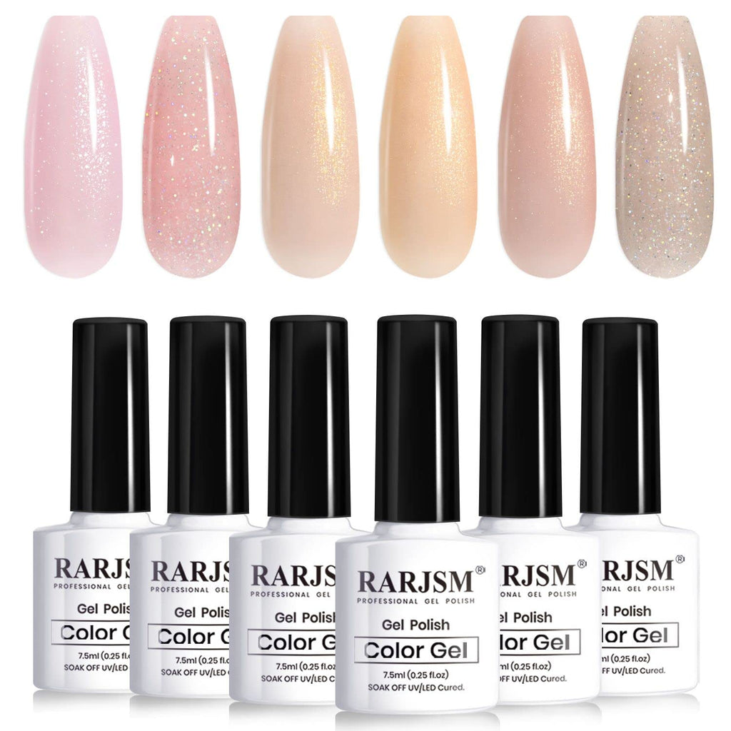 RARJSM Glitter Nude Gel Polish 6-Piece Set – Shimmer Nude Nails (7.5ml)