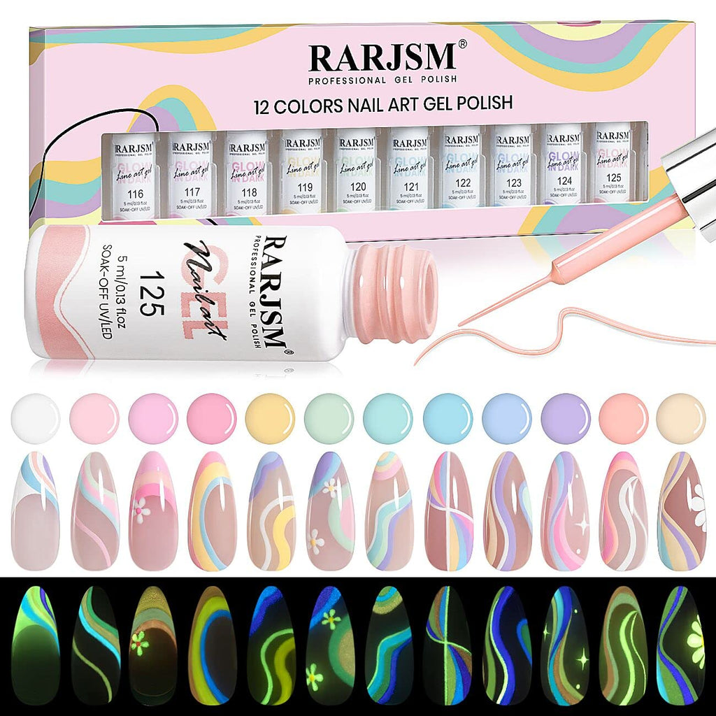 RARJSM Glow in the Dark Nail Art Gel Liner — 12 Pastel Neon Colors