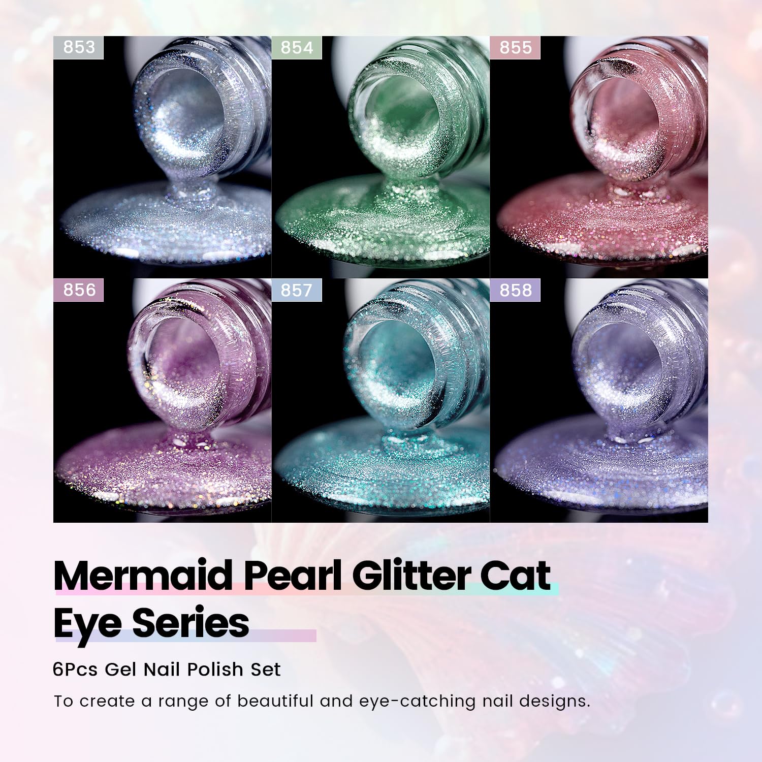 RARJSM Aurora Mermaid Cat Eye Gel Nail Polish Set — 6 Velvet Glitter Colors with Magnetic Shimmer