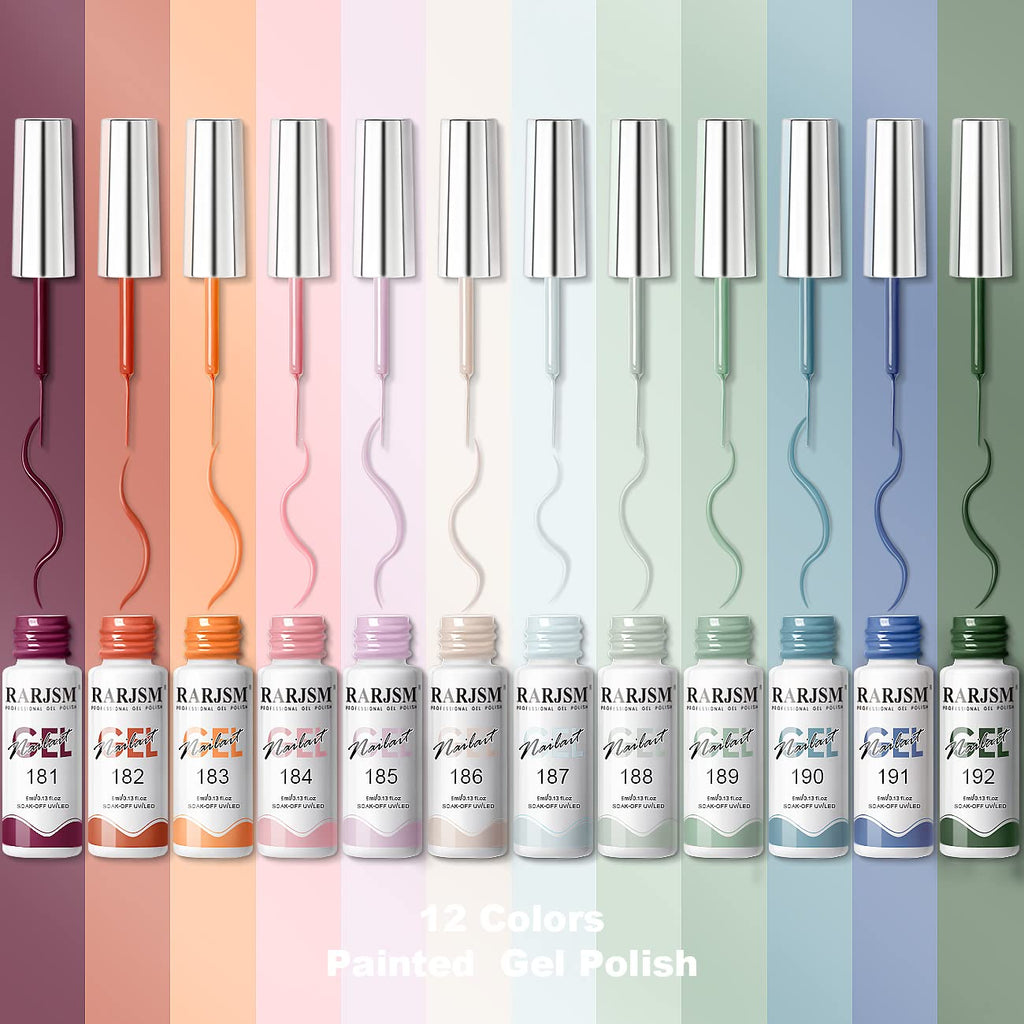 RARJSM Nail Art Gel Liner 12-Color Set – 5ml, Built-in Brush, UV/LED Cure