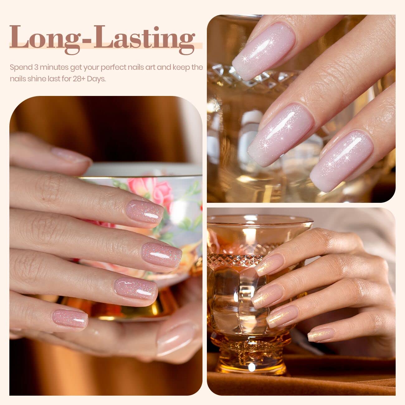 RARJSM Glitter Nude Gel Polish 6-Piece Set – Shimmer Nude Nails (7.5ml)