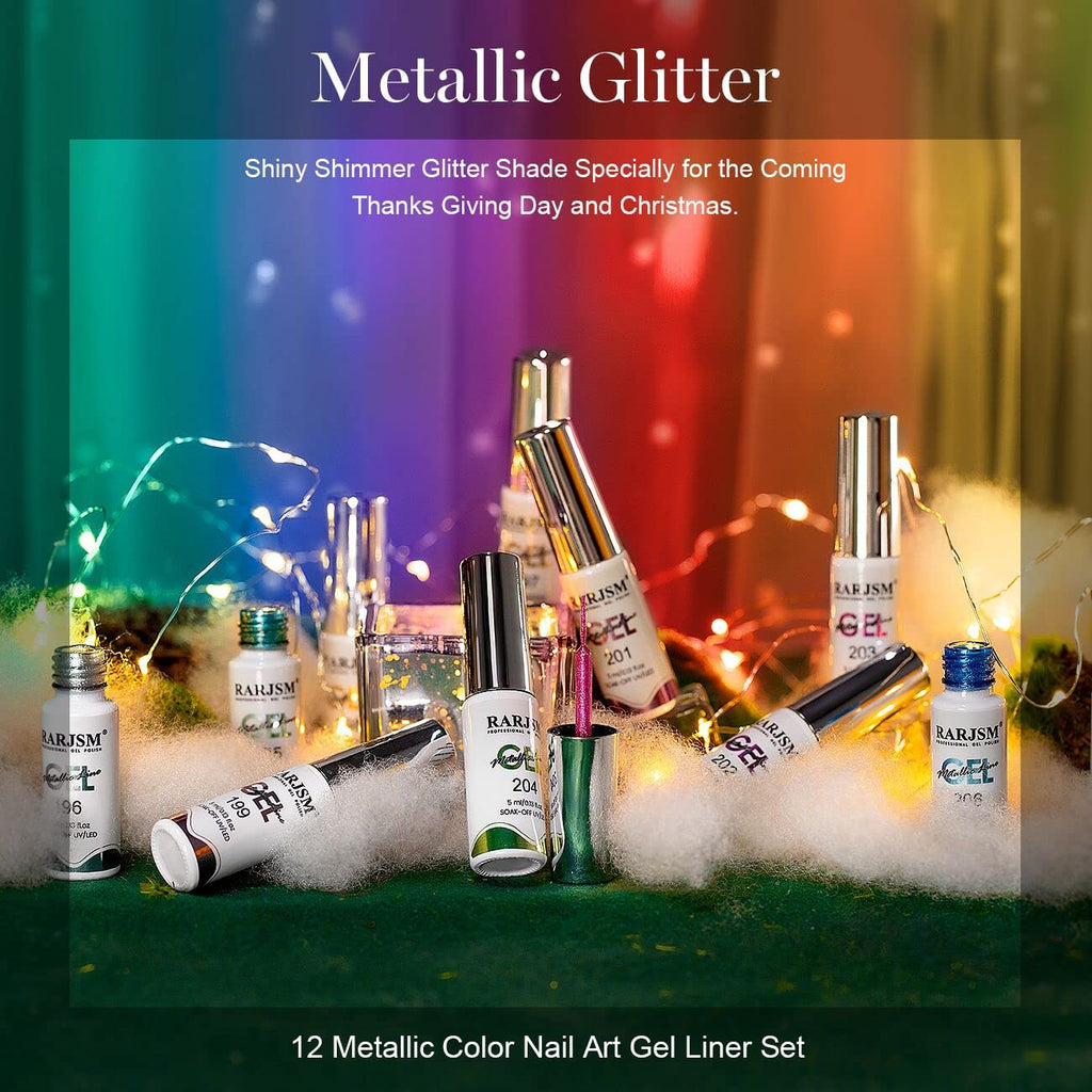 RARJSM Metallic Nail Art Gel Liner Set – 12 Colors, 5ml, Soak Off, DIY Nail Design