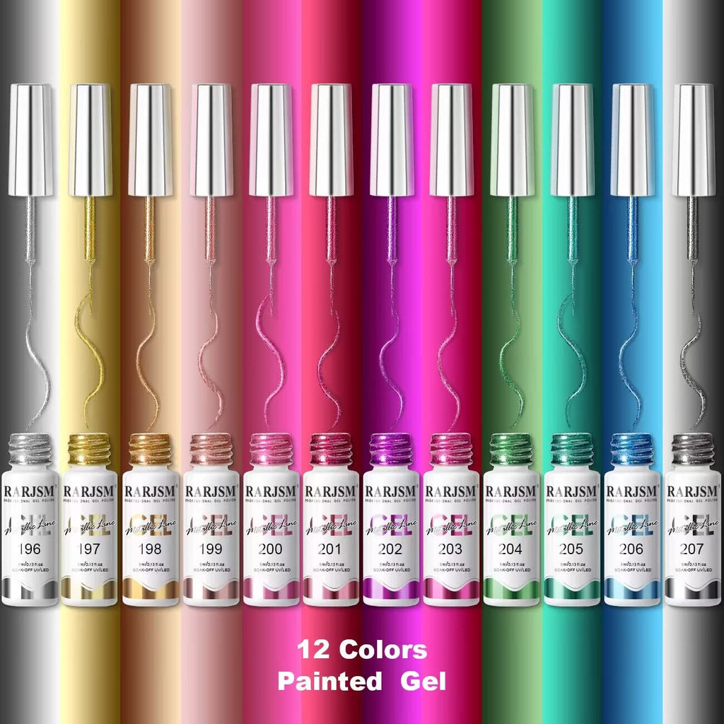 RARJSM Metallic Nail Art Gel Liner Set – 12 Colors, 5ml, Soak Off, DIY Nail Design