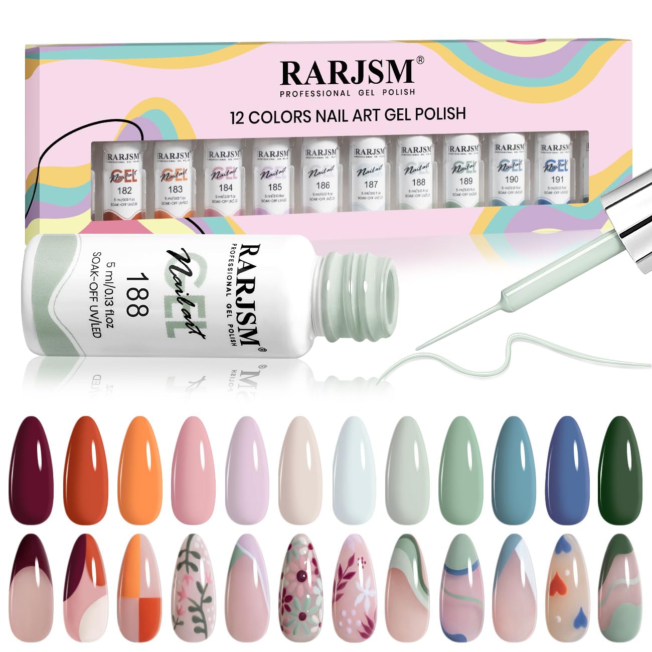RARJSM Nail Art Gel Liner 12-Color Set – 5ml, Built-in Brush, UV/LED Cure