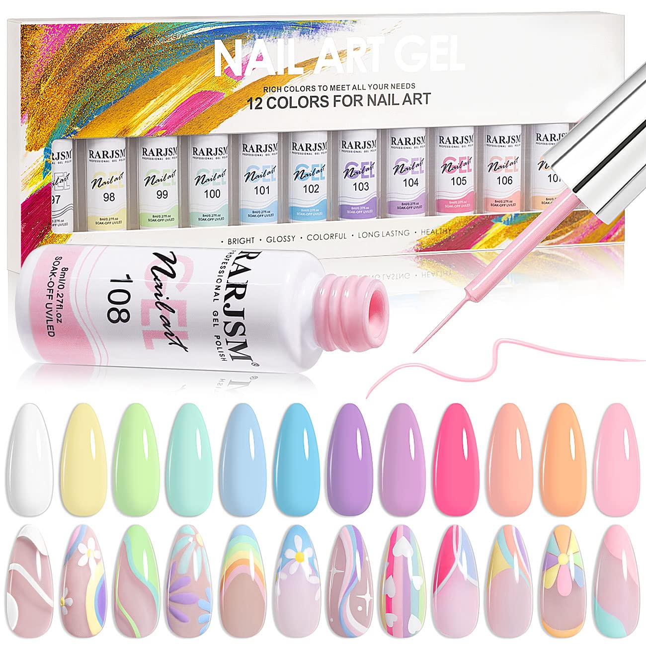 RARJSM Nail Art Gel Liner Set – 12 Pastel Colors, Thin Brush, Soak-Off, 8ml