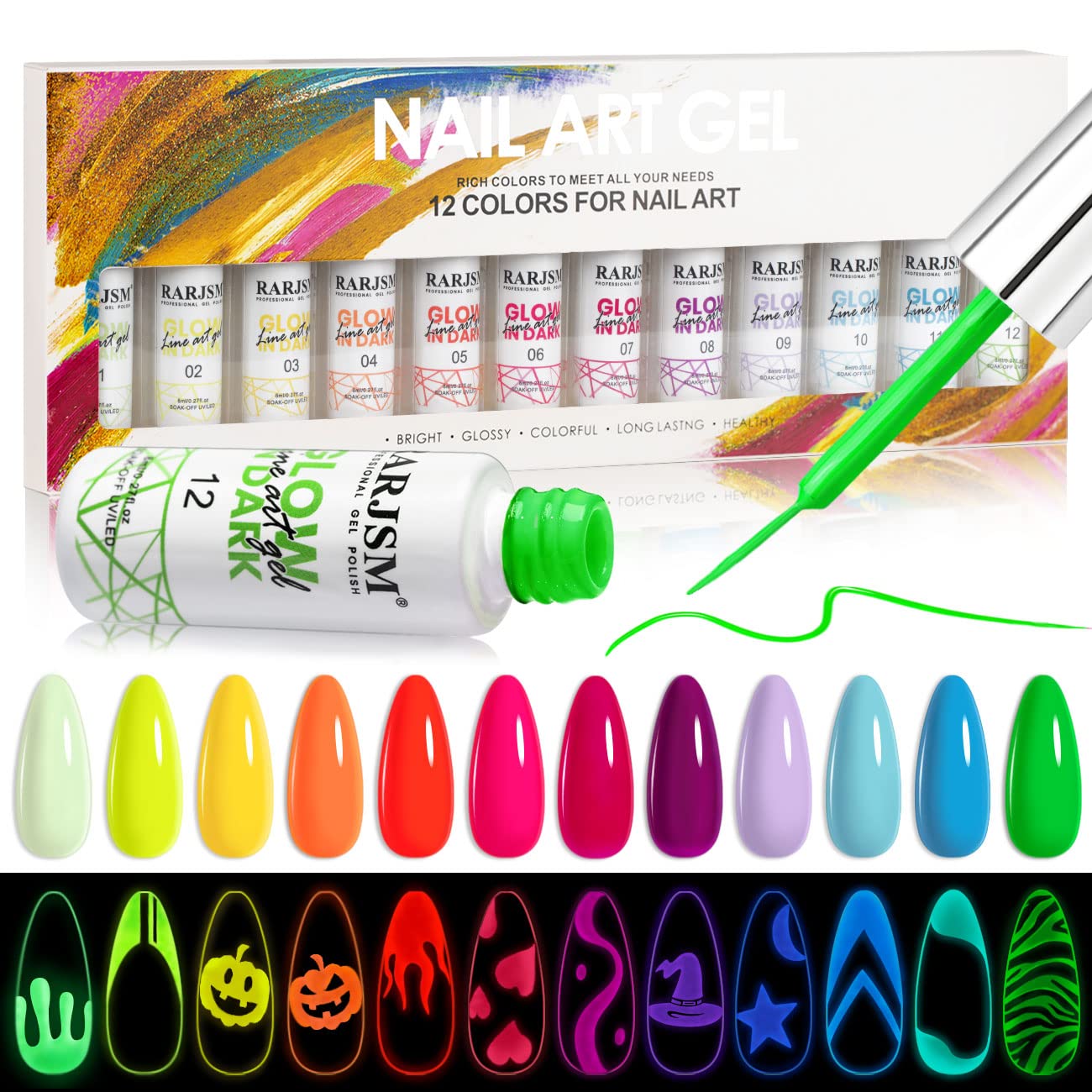 RARJSM Nail Art Gel Set — Glow-in-the-Dark Neon Polish + Liner Pen for At-Home Nail Art