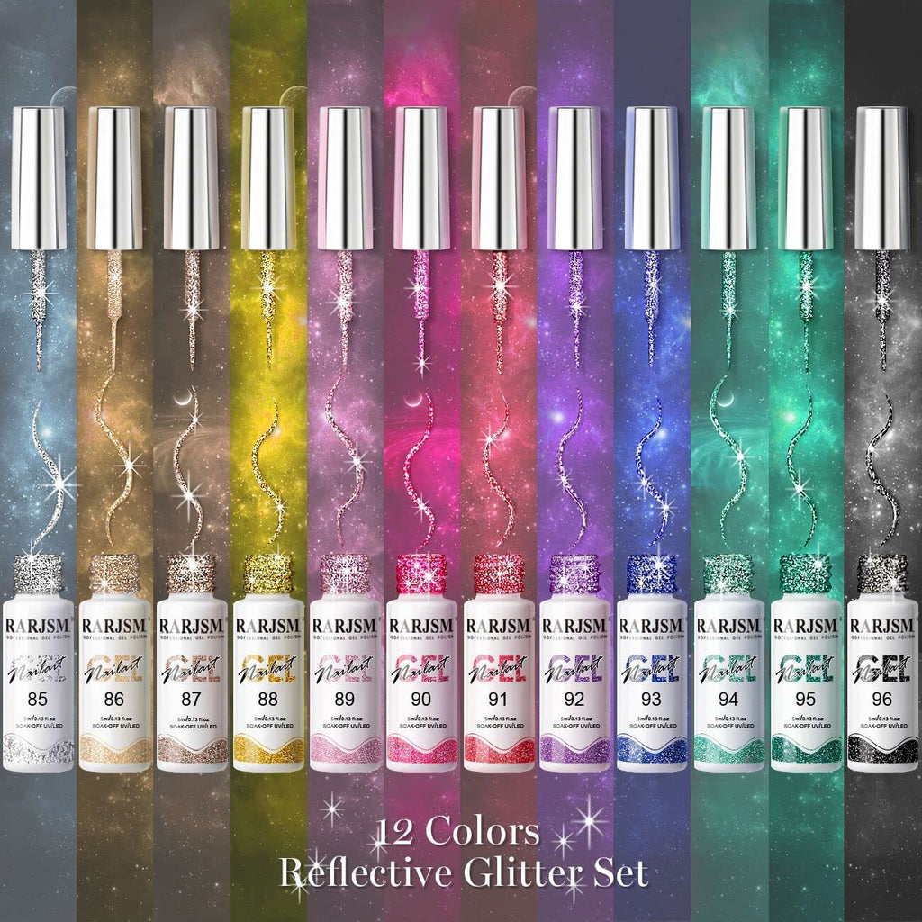 RARJSM Reflective Glitter Nail Art Gel Liner – 12 Colors, Diamond Sparkle, UV/LED Curing