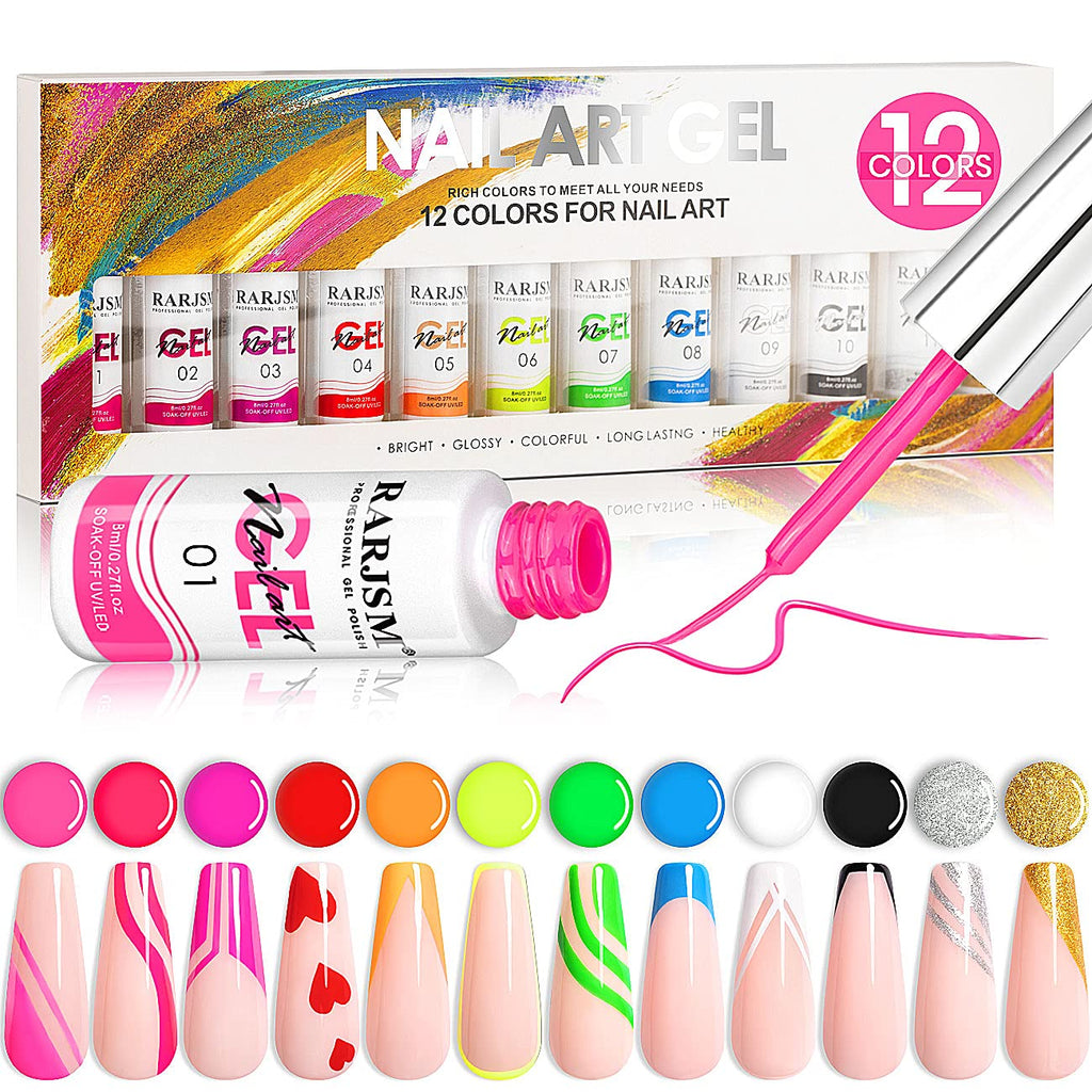RARJSM Painted Gel Nail Polish Set – Line Art Gel, 12 Neon Colors (8ml Each), UV/LED Ready