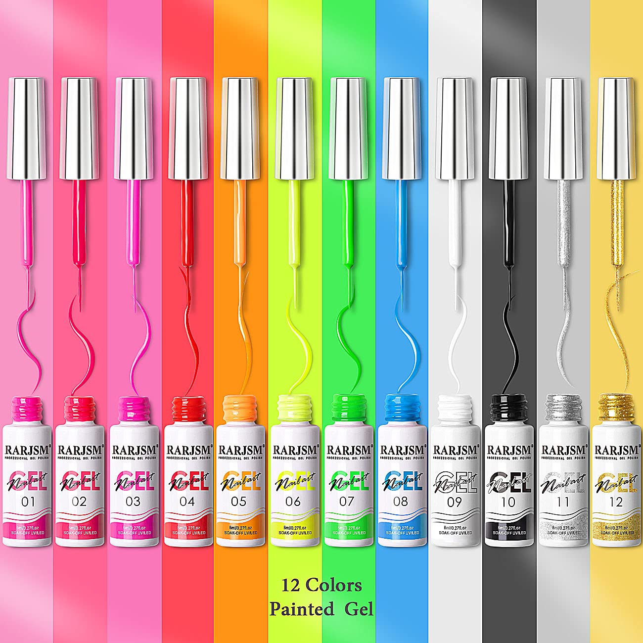 RARJSM Painted Gel Nail Polish Set – Line Art Gel, 12 Neon Colors (8ml Each), UV/LED Ready
