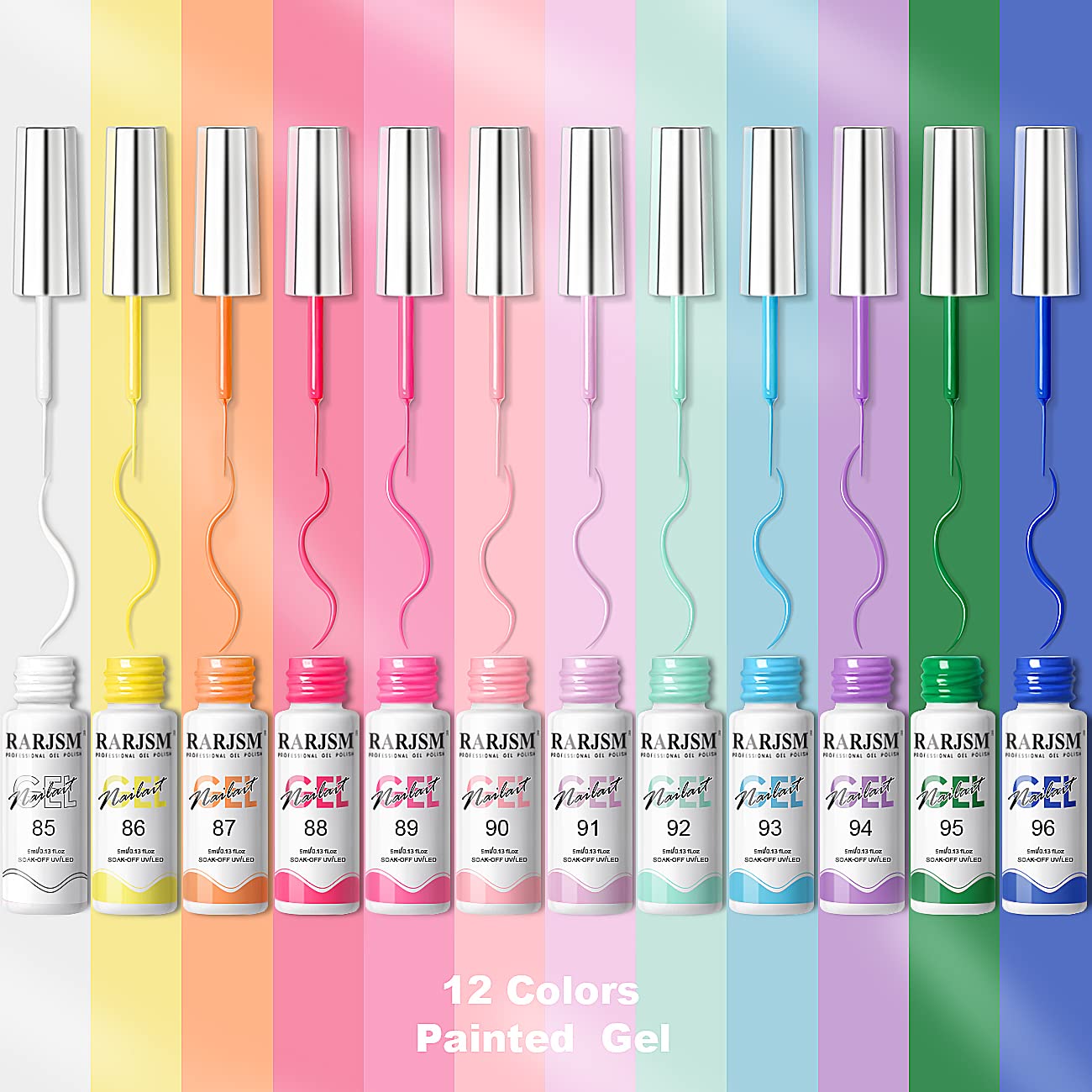RARJSM Gel Liner Nail Art Polish Set – 12 Candy Pastel Colors, Thin Brush, Soak Off, 5ml