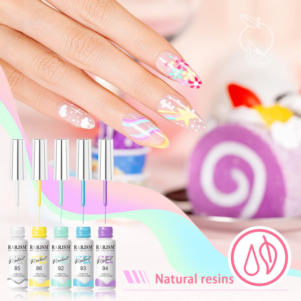 RARJSM Gel Liner Nail Art Polish Set – 12 Candy Pastel Colors, Thin Brush, Soak Off, 5ml