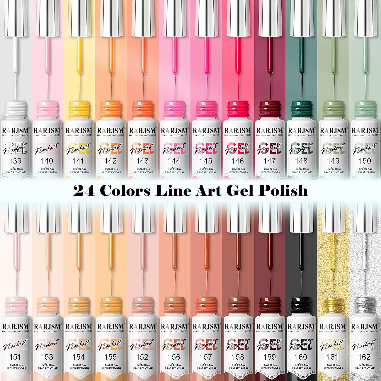RARJSM Gel Liner Nail Art Set – 24 Colors, 5ml Bottles, Thin Brush, UV Soak Off
