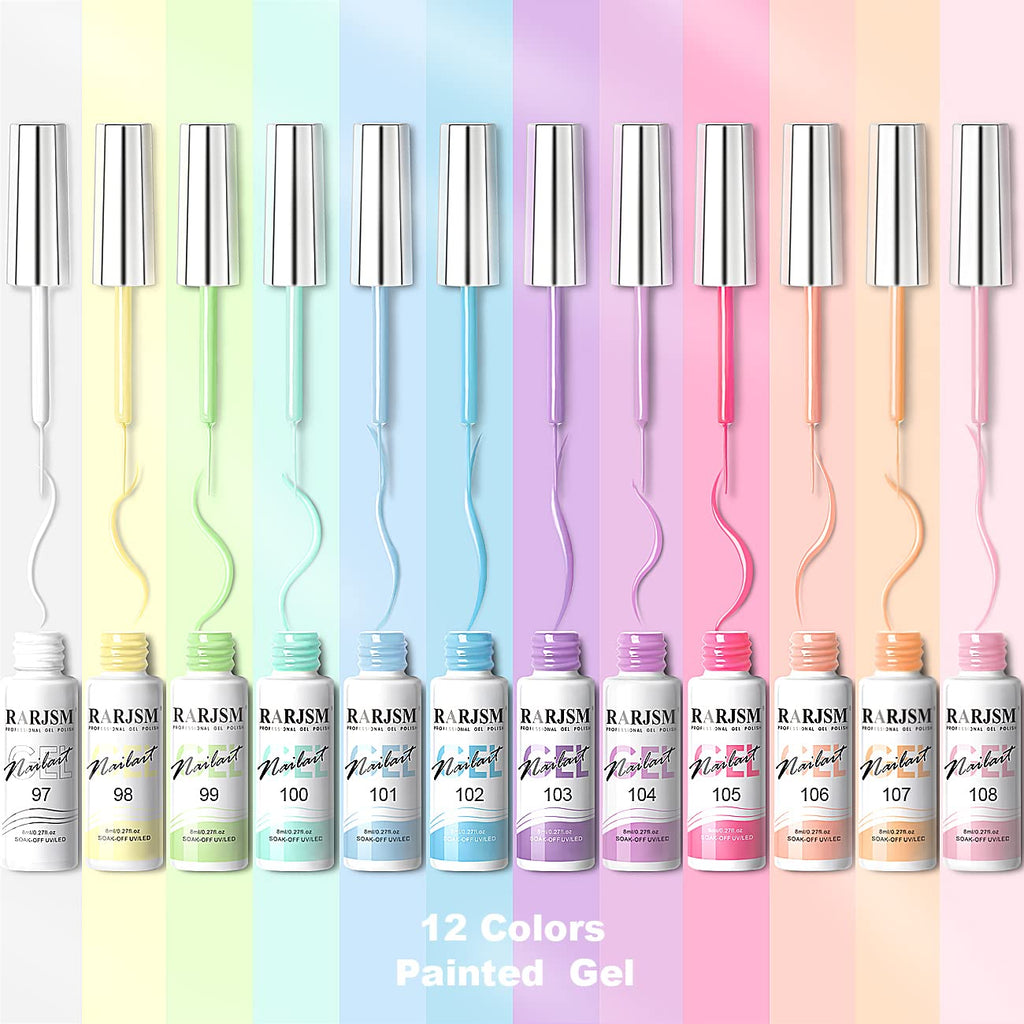 RARJSM Nail Art Gel Liner Set – 12 Pastel Colors, Thin Brush, Soak-Off, 8ml
