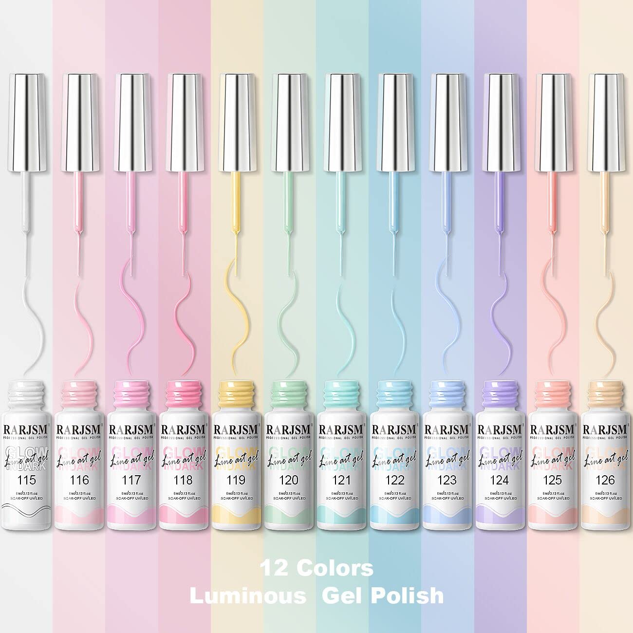 RARJSM Glow in the Dark Nail Art Gel Liner — 12 Pastel Neon Colors