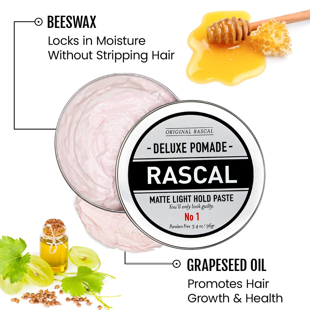 Rascal Men's Original Deluxe Pomade – Matte Finish, Light Hold, Natural Beeswax & Grapeseed Oil | 3.4 oz
