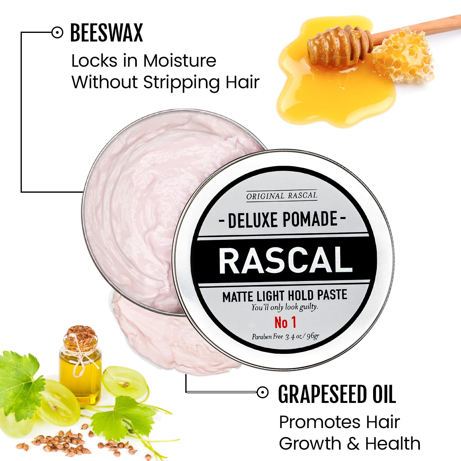 Rascal Men's Original Deluxe Pomade – Matte Finish, Light Hold, Natural Beeswax & Grapeseed Oil | 3.4 oz
