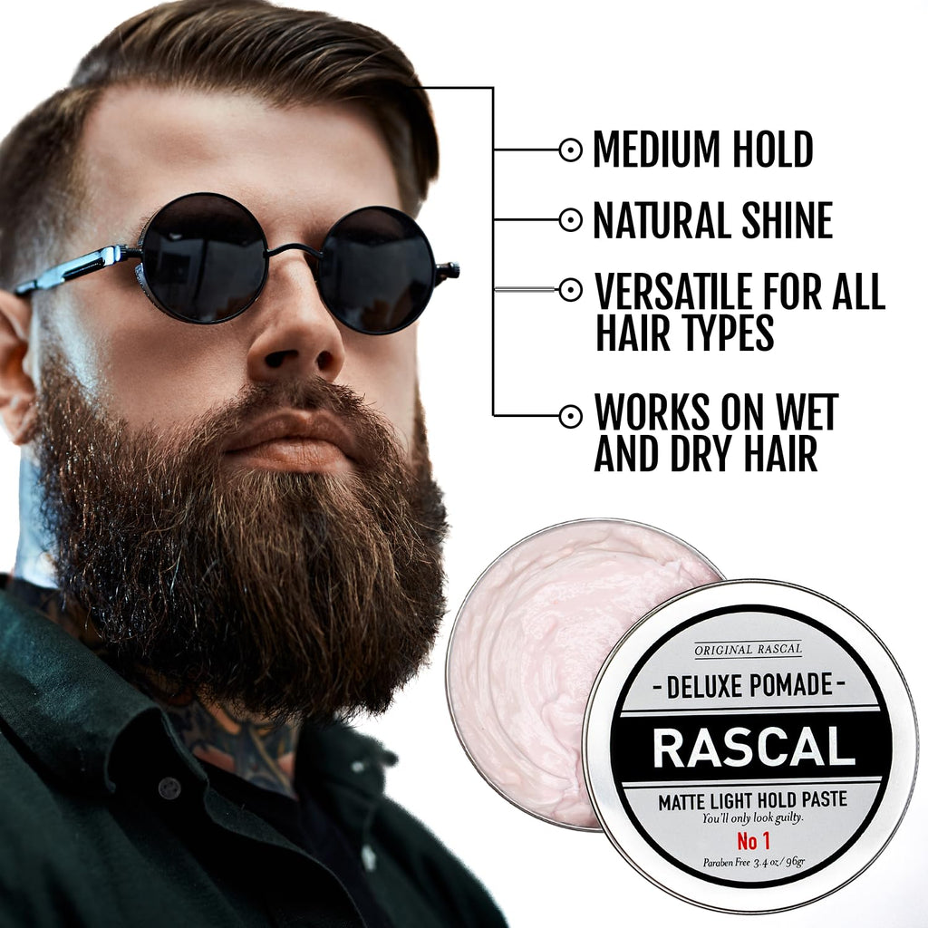 Rascal Men's Original Deluxe Pomade – Matte Finish, Light Hold, Natural Beeswax & Grapeseed Oil | 3.4 oz