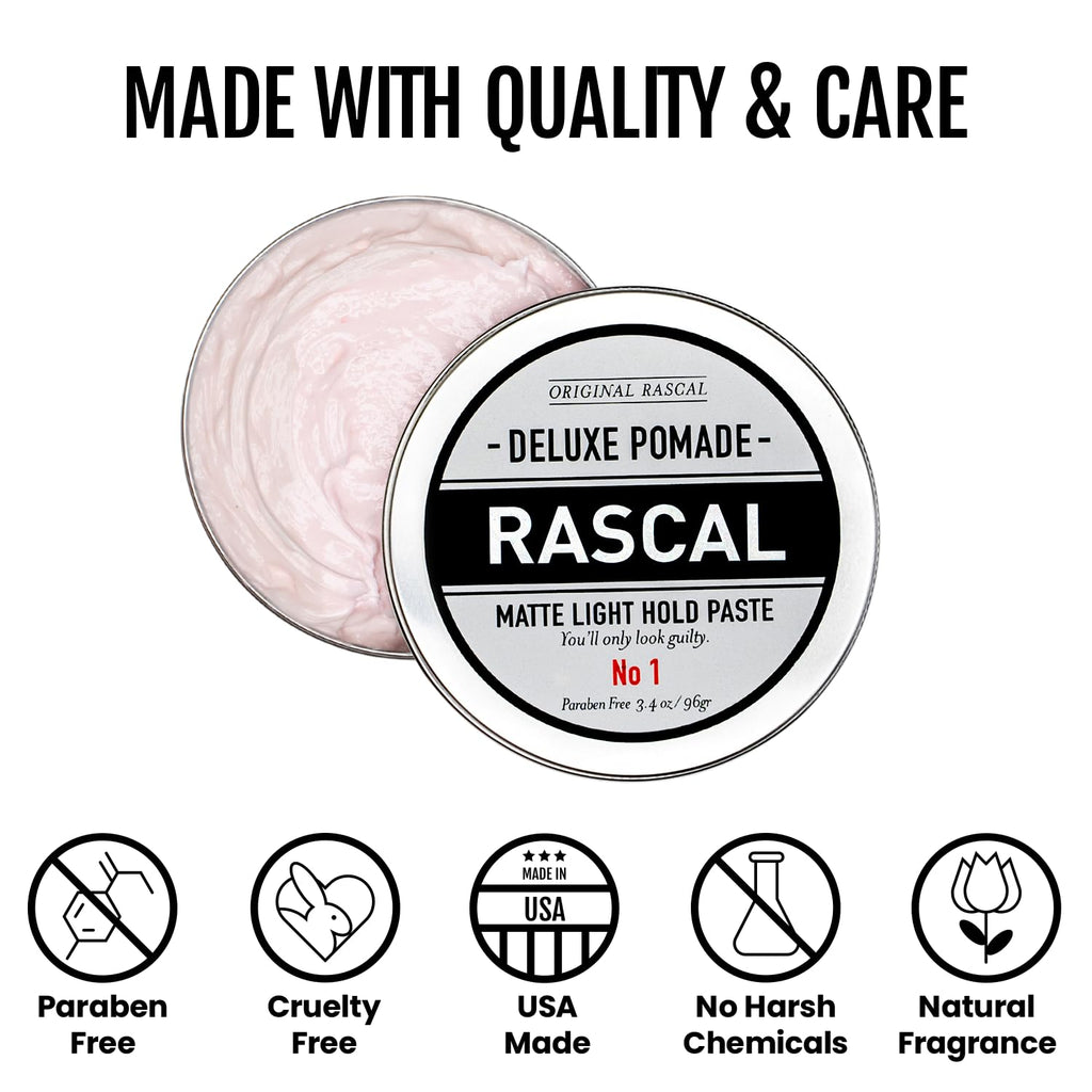 Rascal Men's Original Deluxe Pomade – Matte Finish, Light Hold, Natural Beeswax & Grapeseed Oil | 3.4 oz