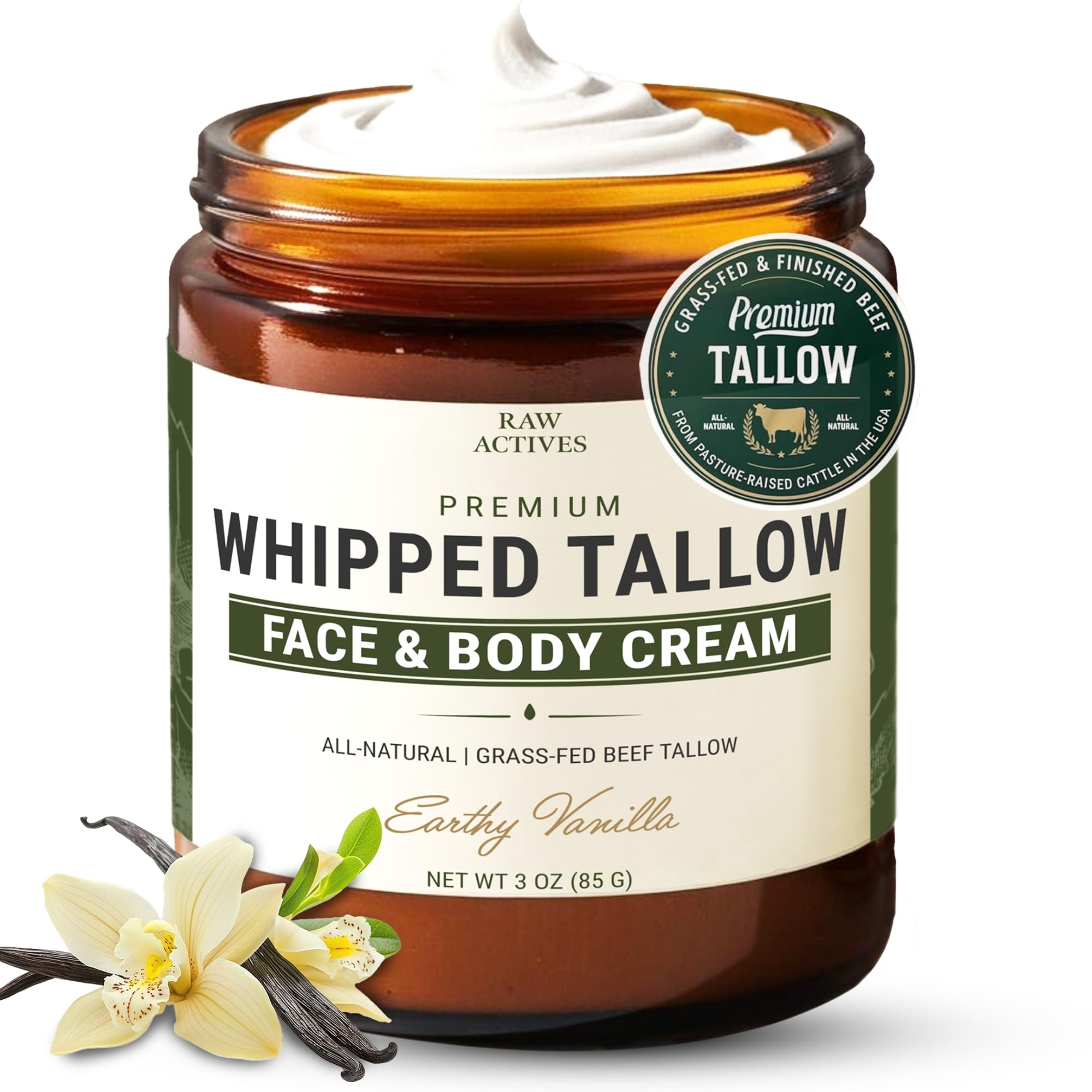 RAW ACTIVES Beef Tallow for Skin Care – 100% Grass-Fed, 3oz with Jojoba, Prickly Pear, Rosehip, Tamanu, Neroli, Vanilla & Manuka Honey