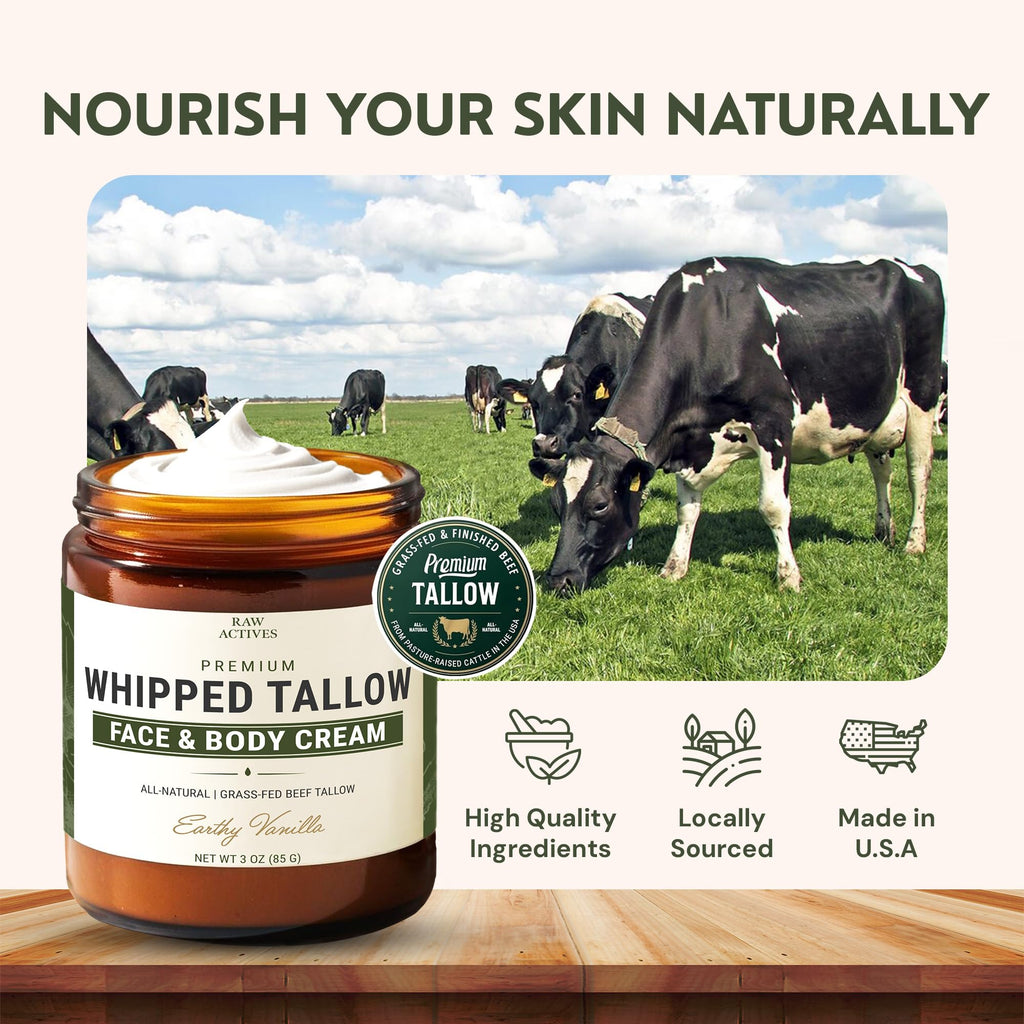 RAW ACTIVES Beef Tallow for Skin Care – 100% Grass-Fed, 3oz with Jojoba, Prickly Pear, Rosehip, Tamanu, Neroli, Vanilla & Manuka Honey