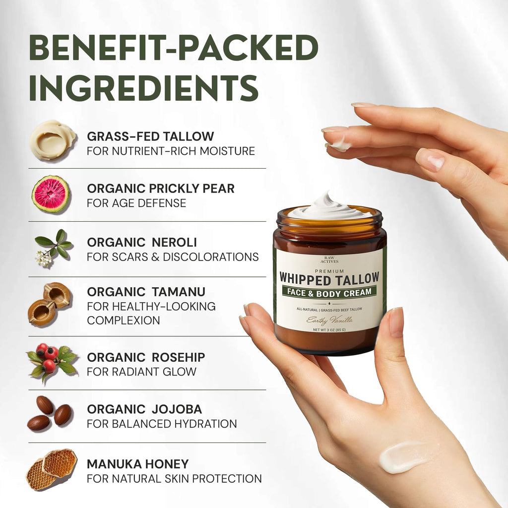 RAW ACTIVES Beef Tallow for Skin Care – 100% Grass-Fed, 3oz with Jojoba, Prickly Pear, Rosehip, Tamanu, Neroli, Vanilla & Manuka Honey
