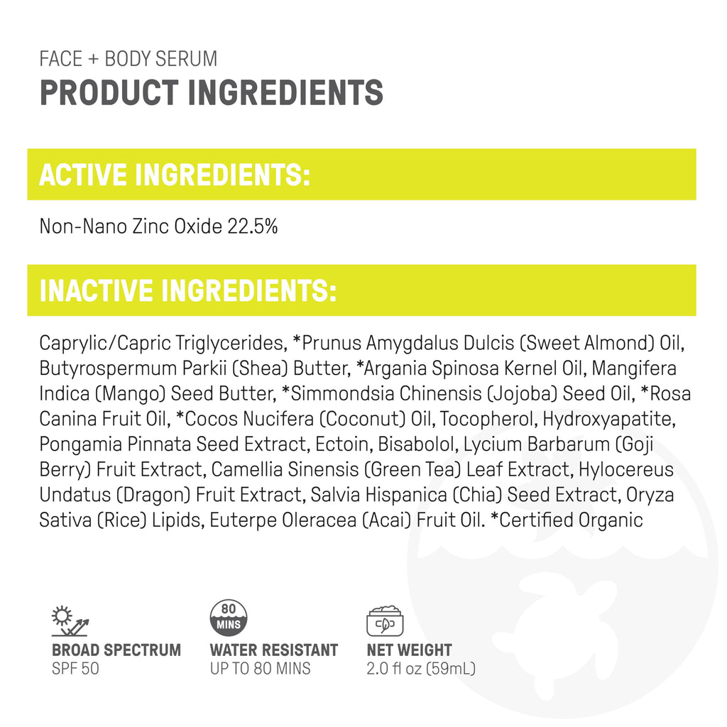 Raw Elements Face + Body Serum SPF 50 – All-Natural Mineral Sunscreen, Reef Safe, 2oz