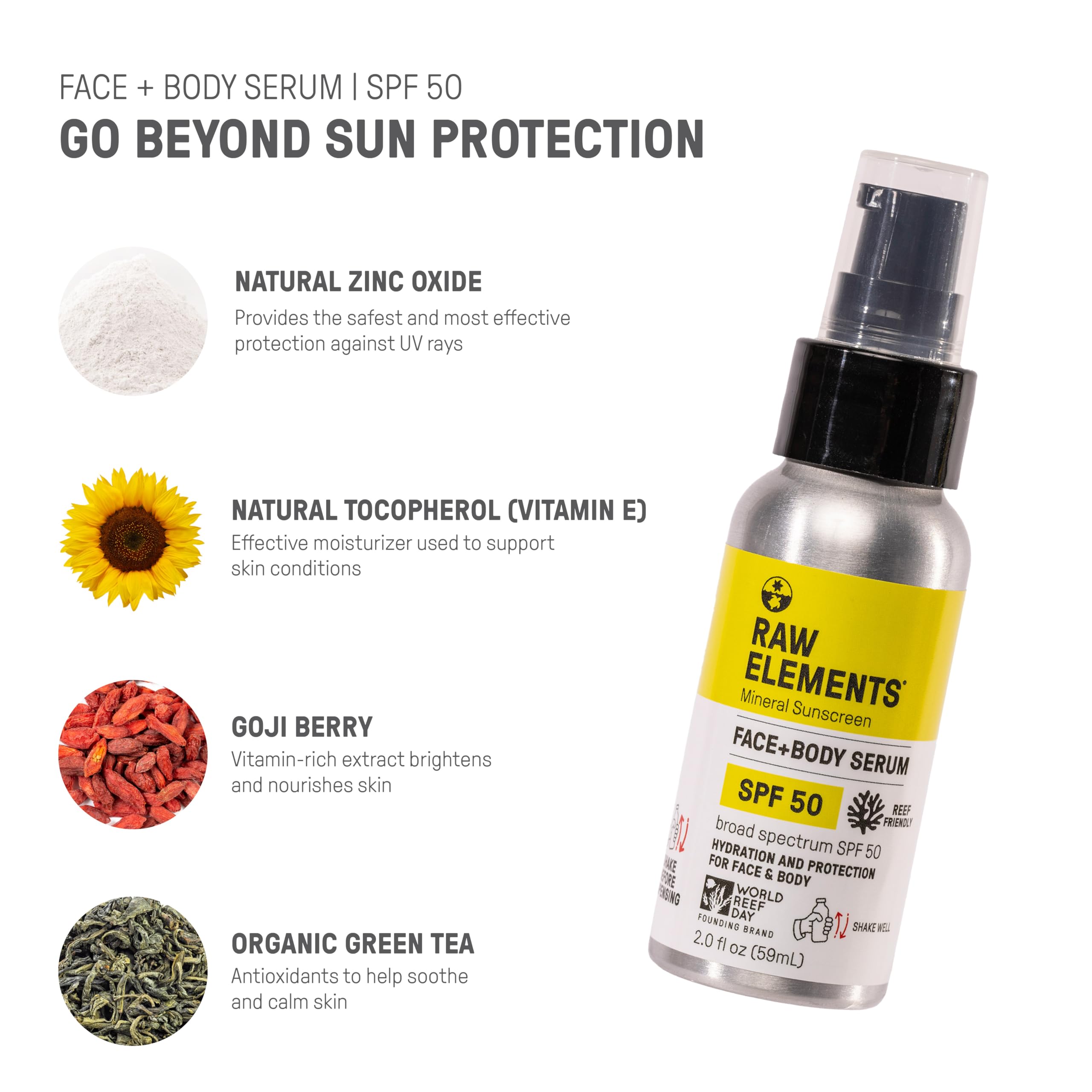 Raw Elements Face and Body Serum SPF 50 Mineral Sunscreen – Reef Safe, Water Resistant, Broad Spectrum UVA/UVB (Travel Size 2oz x2)