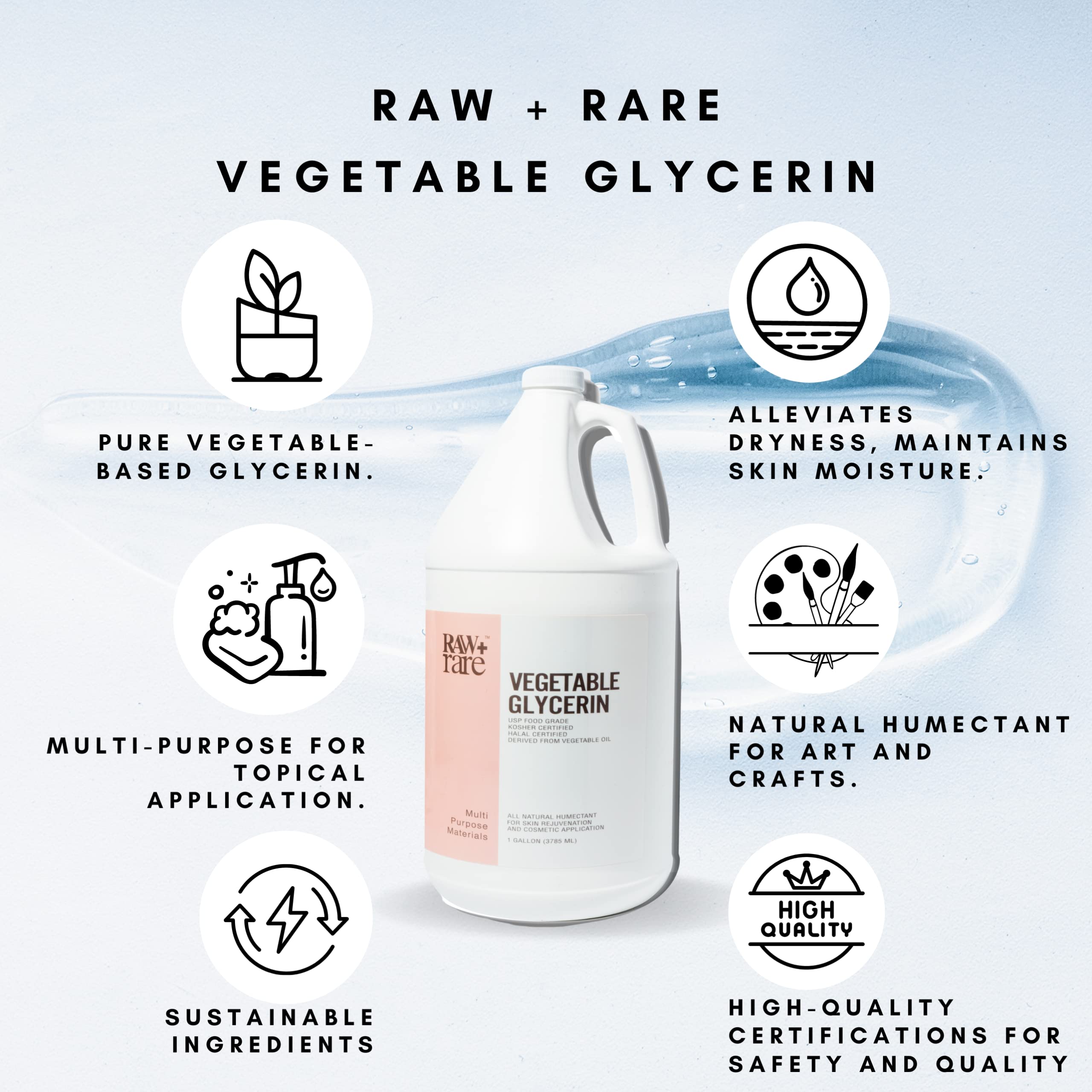 Raw Plus Rare Natural Glycerin – Bulk Gallon (128 oz) for Skin, Hair & Crafts | Kosher & Halal Certified