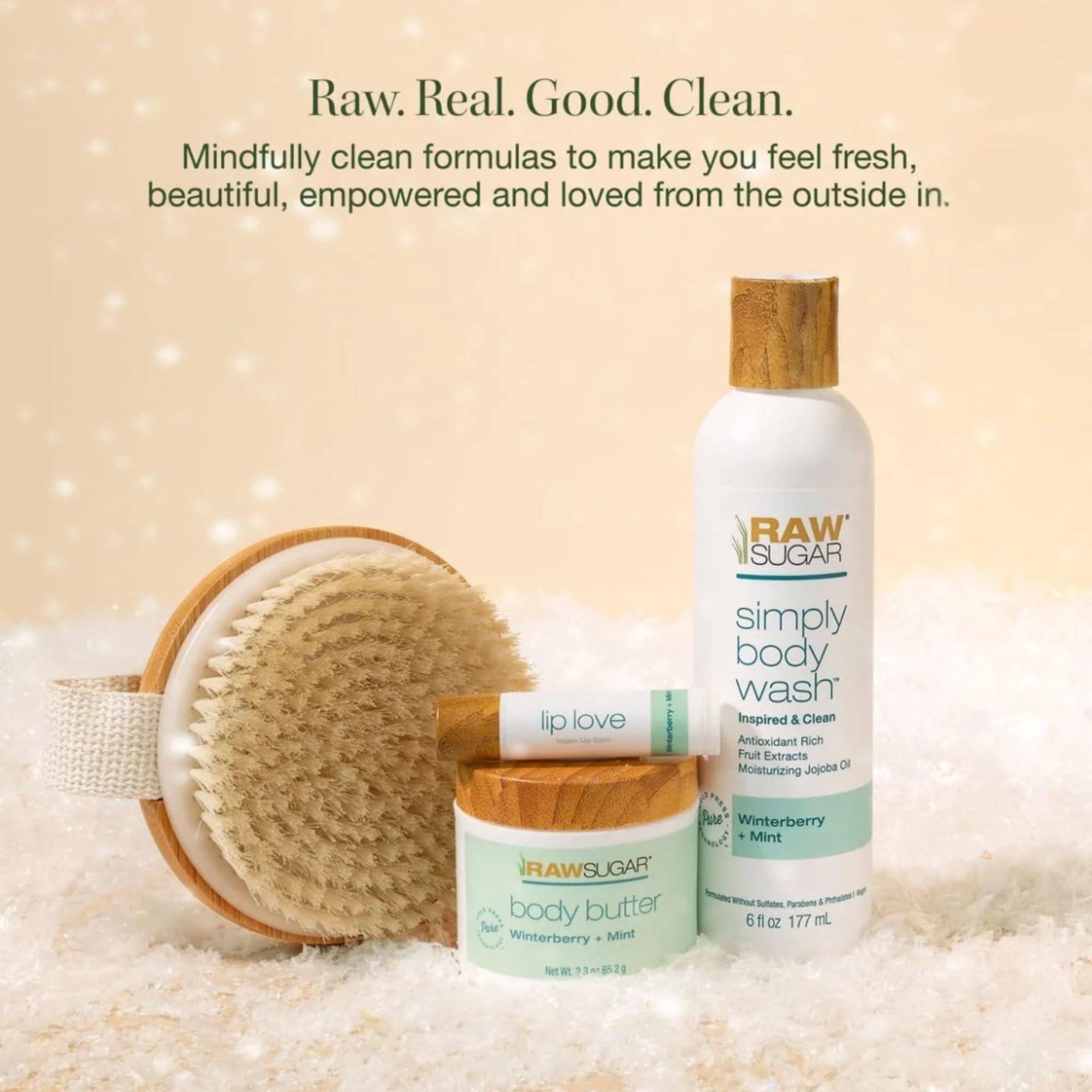 Raw Sugar Body Bliss Gift Set — Winterberry + Mint | Body Wash, Body Butter, Lip Balm & Dry Body Brush