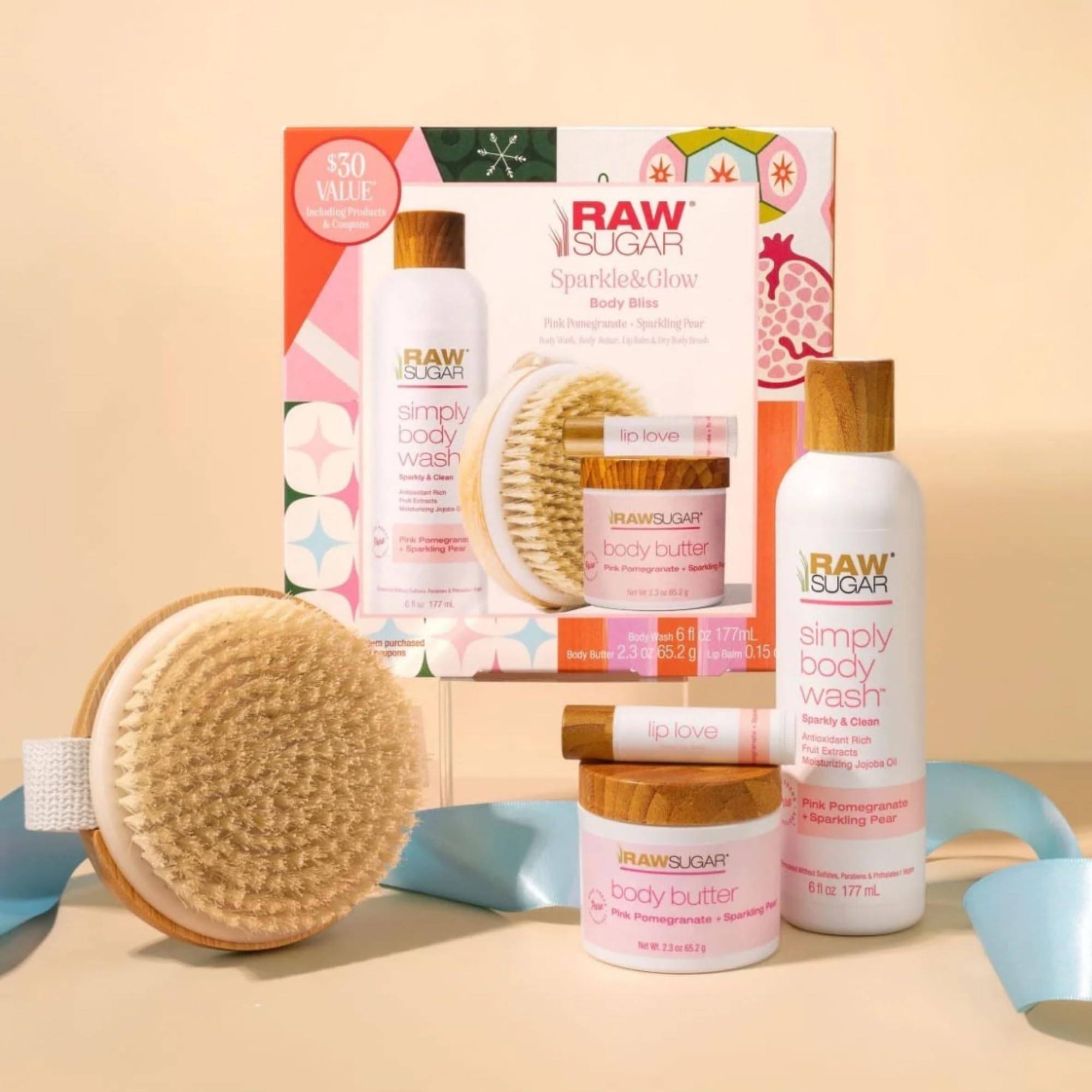 Raw Sugar Body Bliss Gift Set – Pink Pomegranate & Sparkling Pear | Wash, Butter, Lip Balm & Brush