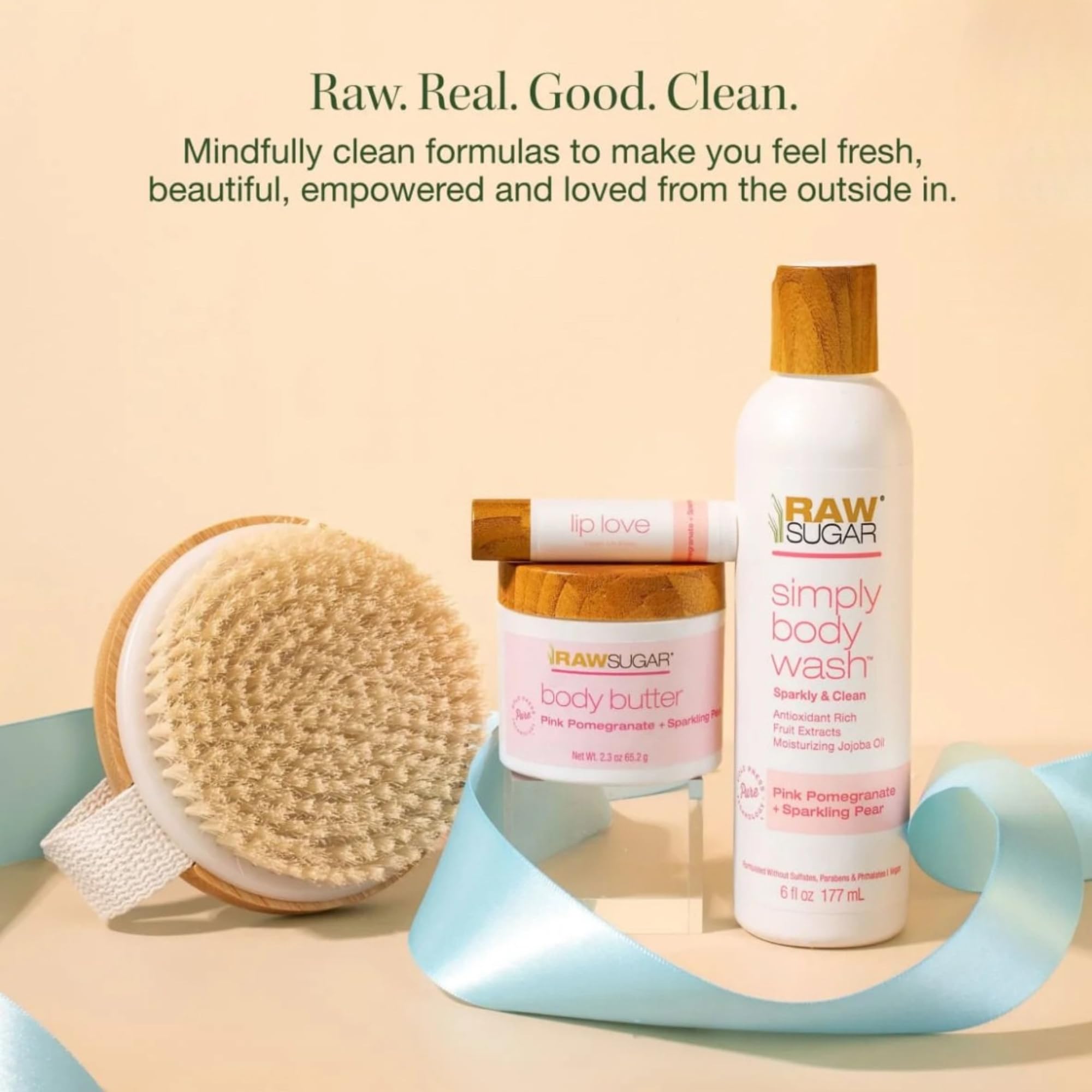 Raw Sugar Body Bliss Gift Set – Pink Pomegranate & Sparkling Pear | Wash, Butter, Lip Balm & Brush
