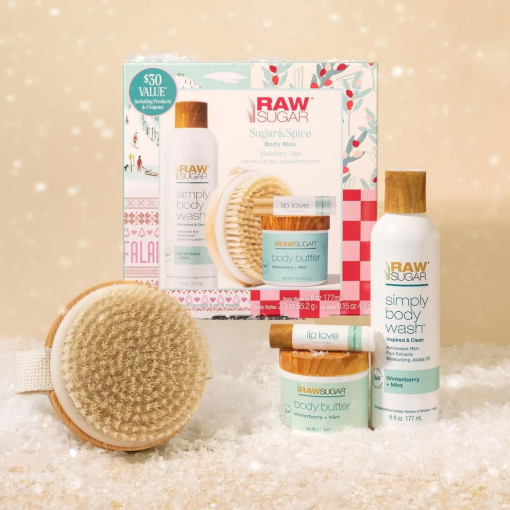 Raw Sugar Body Bliss Gift Set — Winterberry + Mint | Body Wash, Body Butter, Lip Balm & Dry Body Brush