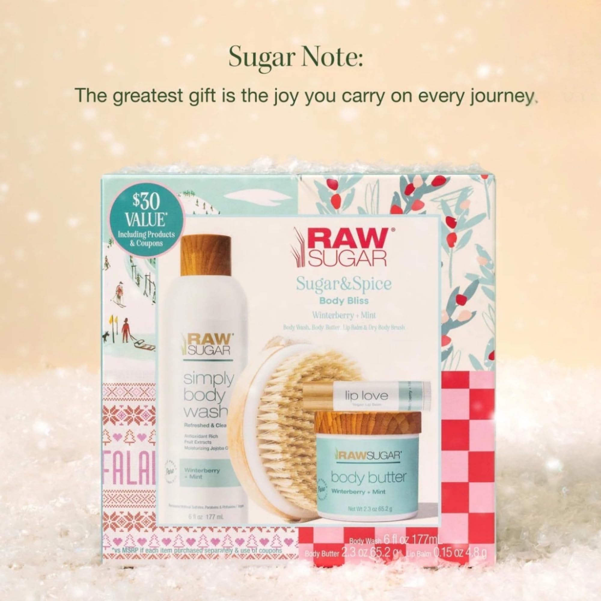 Raw Sugar Body Bliss Gift Set — Winterberry + Mint | Body Wash, Body Butter, Lip Balm & Dry Body Brush