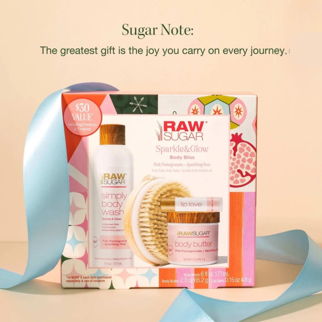 Raw Sugar Body Bliss Gift Set – Pink Pomegranate & Sparkling Pear | Wash, Butter, Lip Balm & Brush