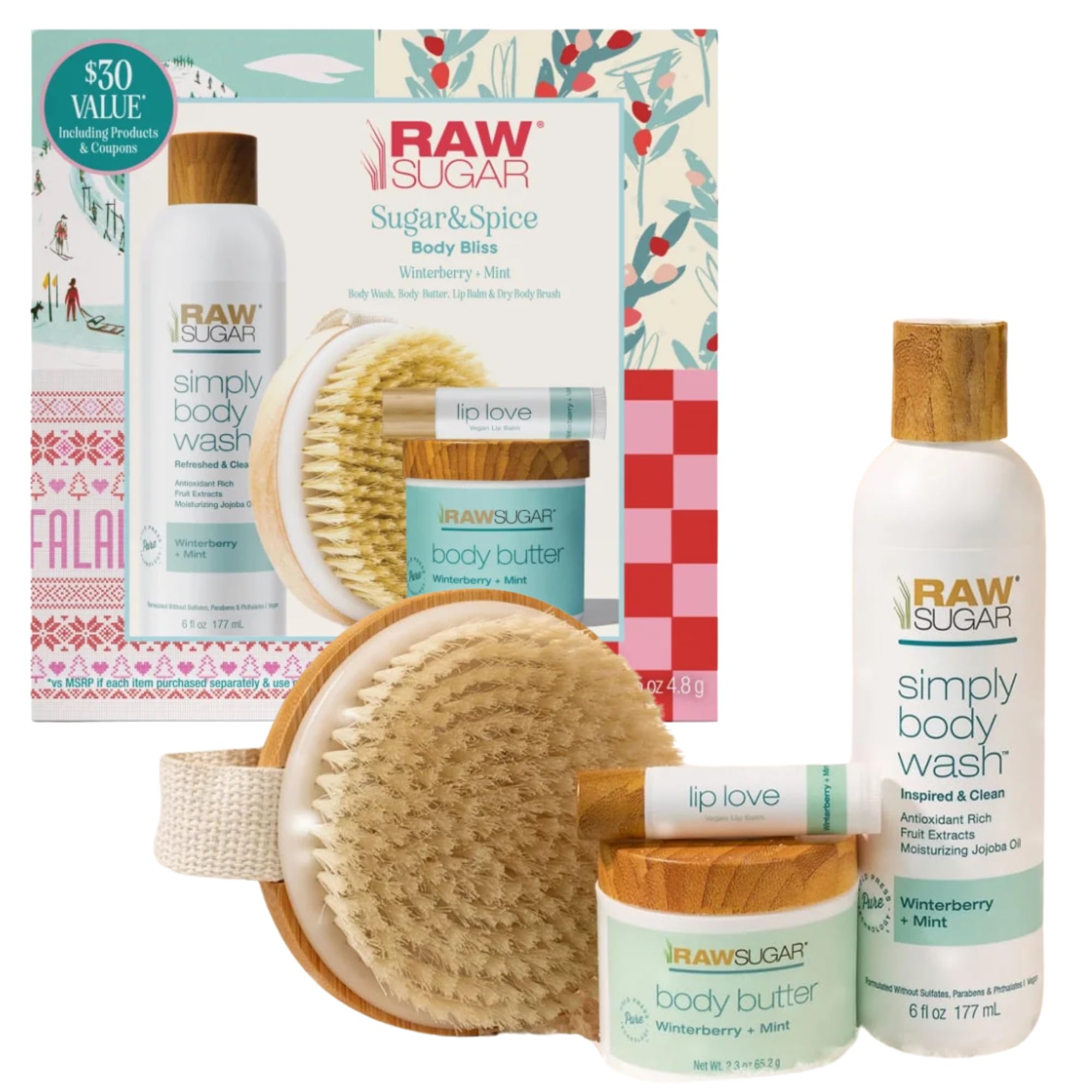 Raw Sugar Body Bliss Gift Set — Winterberry + Mint | Body Wash, Body Butter, Lip Balm & Dry Body Brush