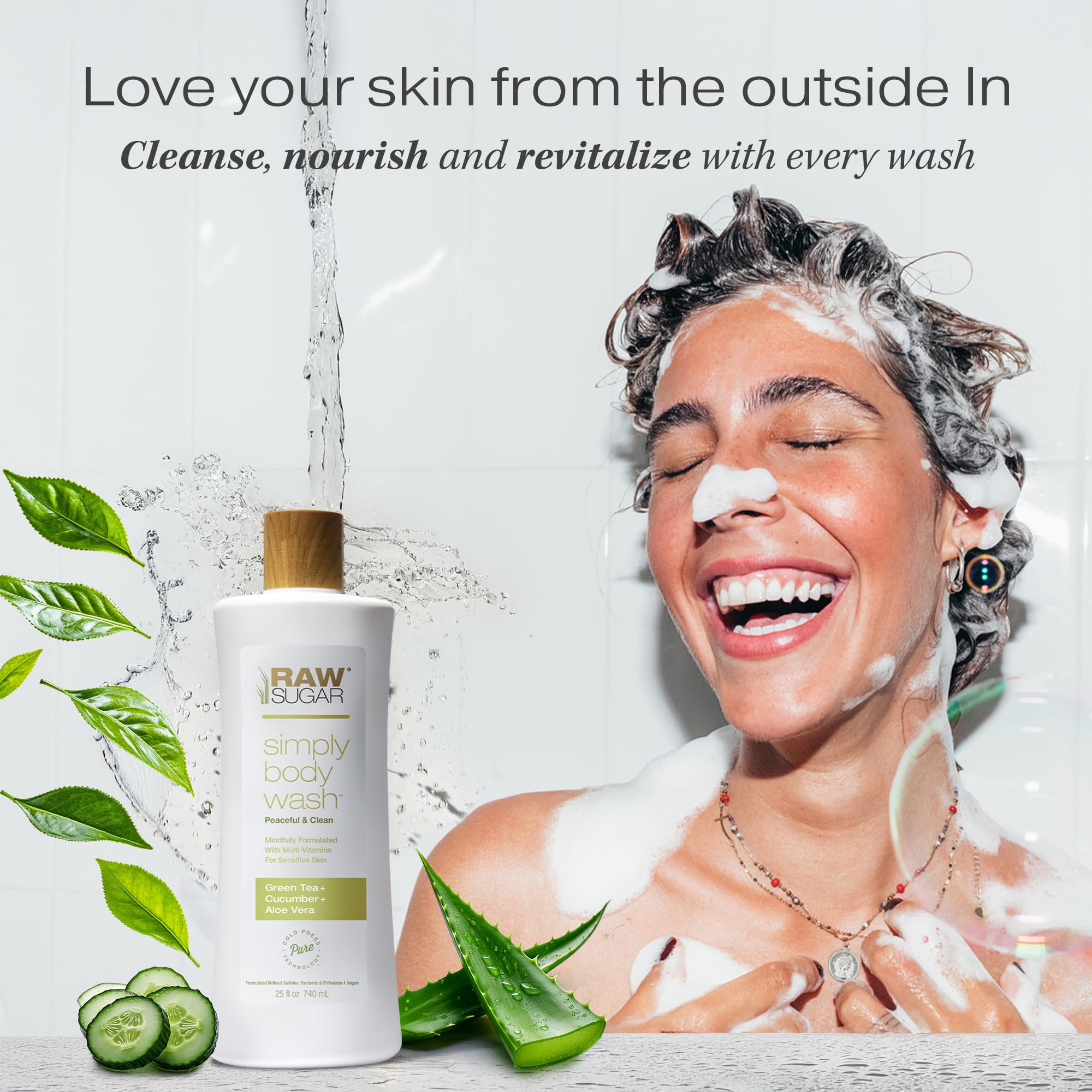 RAW SUGAR Green Tea Aloe Soother Body Wash – Gentle, Hydrating 3‑Pack | Vegan, SLS/SLES & Paraben Free