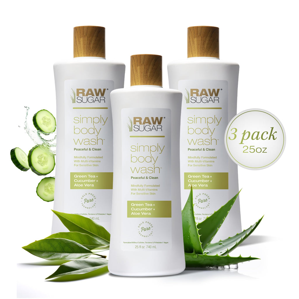 RAW SUGAR Green Tea Aloe Soother Body Wash – Gentle, Hydrating 3‑Pack | Vegan, SLS/SLES & Paraben Free