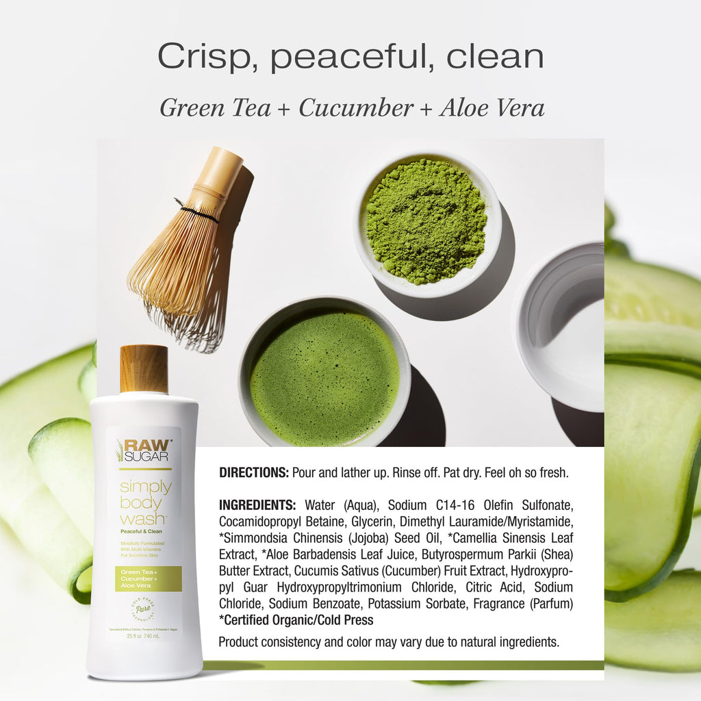 RAW SUGAR Green Tea Aloe Soother Body Wash – Gentle, Hydrating 3‑Pack | Vegan, SLS/SLES & Paraben Free