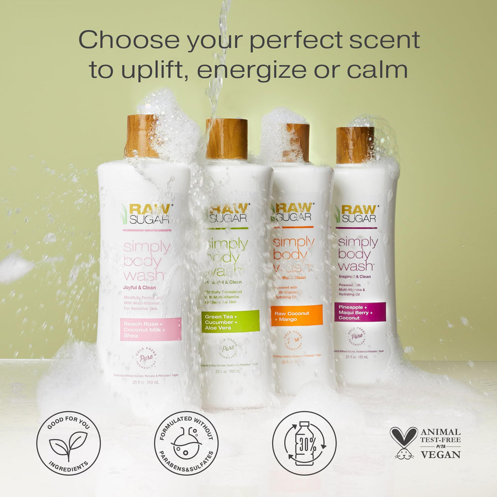 RAW SUGAR Green Tea Aloe Soother Body Wash – Gentle, Hydrating 3‑Pack | Vegan, SLS/SLES & Paraben Free