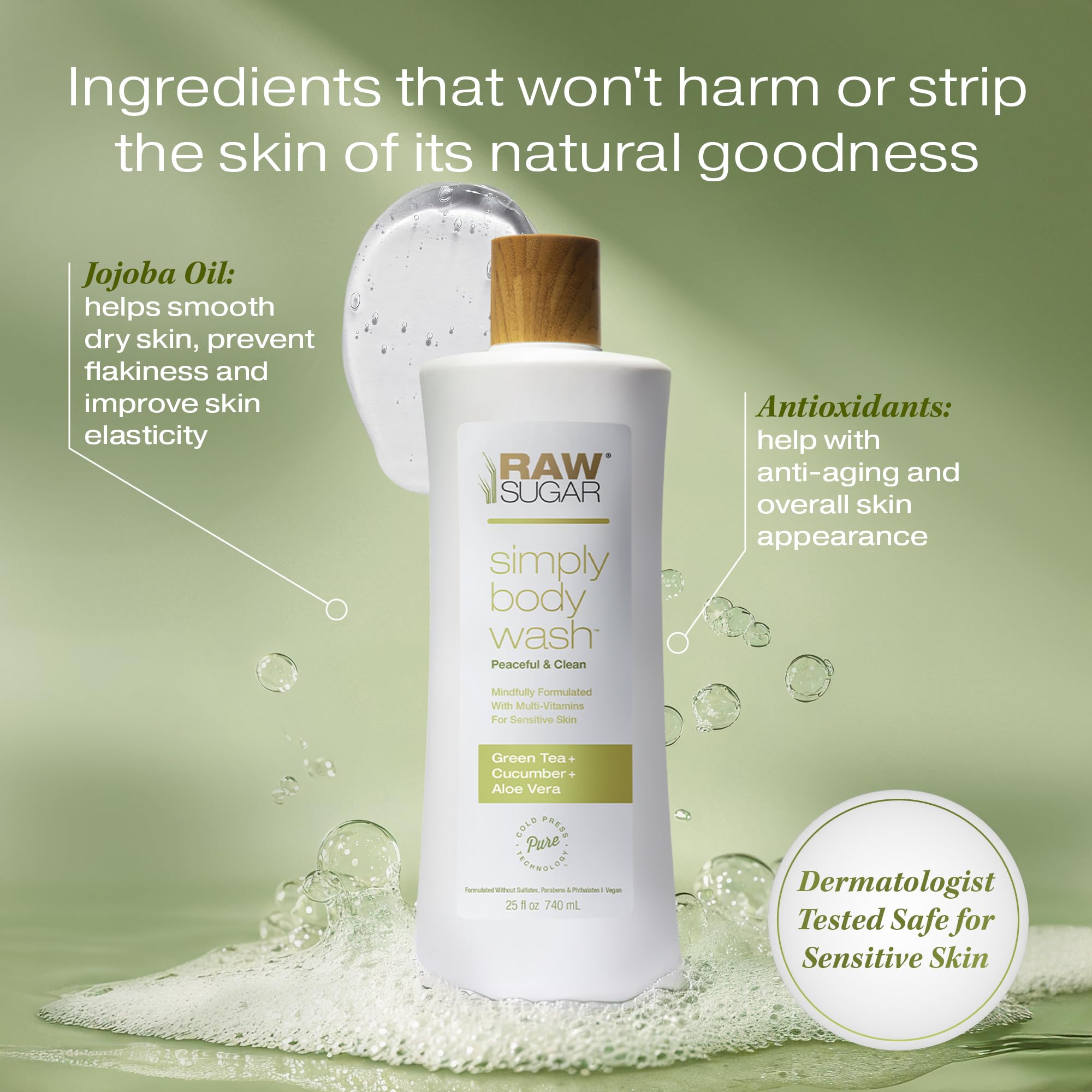 RAW SUGAR Green Tea Aloe Soother Body Wash – Gentle, Hydrating 3‑Pack | Vegan, SLS/SLES & Paraben Free