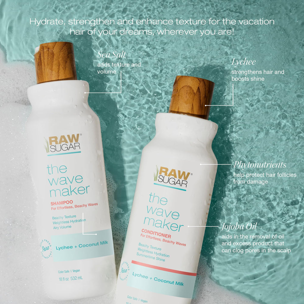 RAW SUGAR Wave Maker Shampoo & Conditioner Set – Beachy Texture, Volume & Shine (18 oz each)