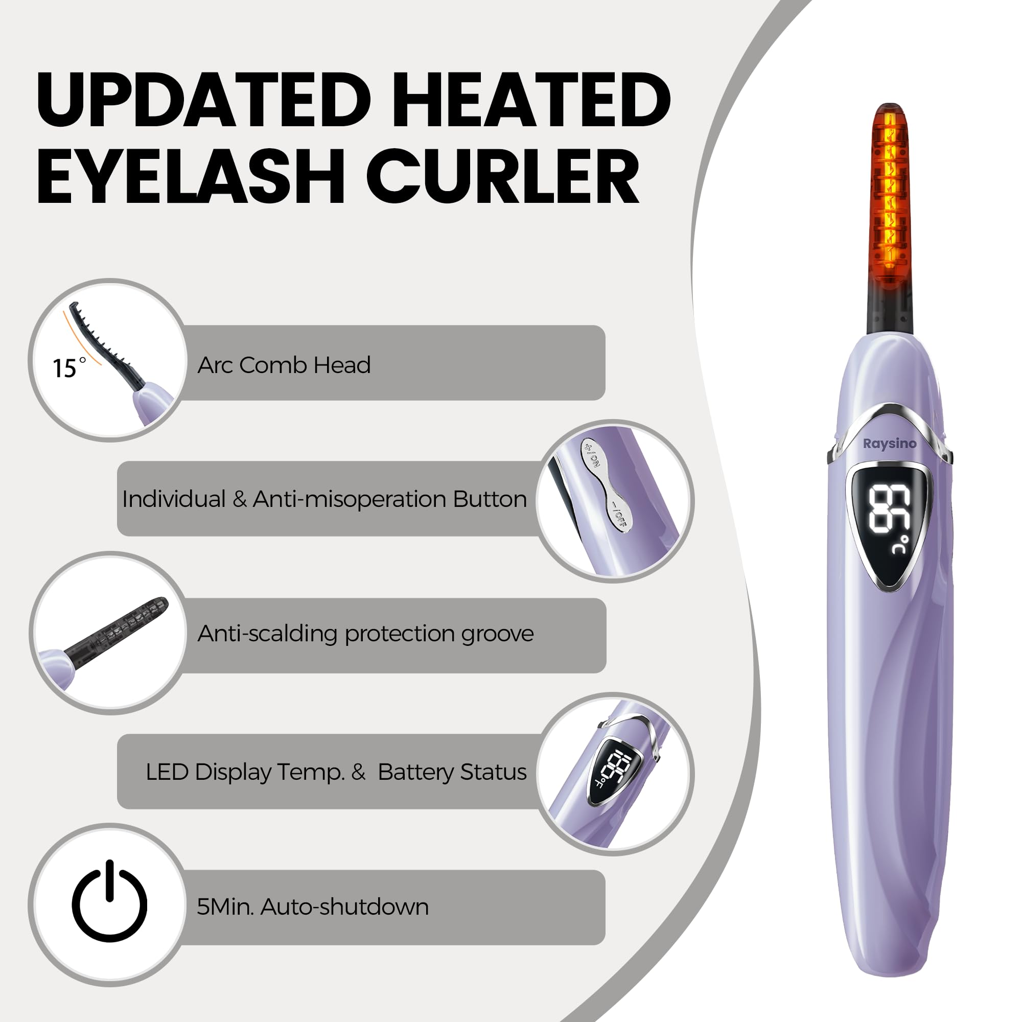 Raysino S600 Heated Eyelash Curler – 8s Fast Heating, 24h Curl, Type-C Rechargeable