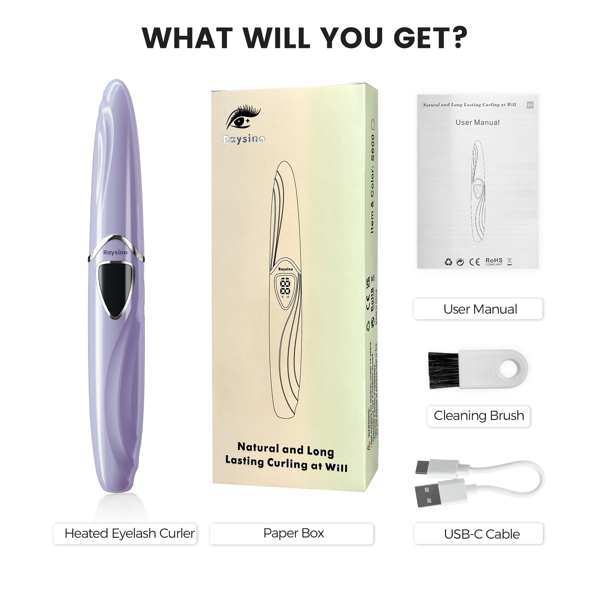 Raysino S600 Heated Eyelash Curler – 8s Fast Heating, 24h Curl, Rechargeable (Lilac/Silver)