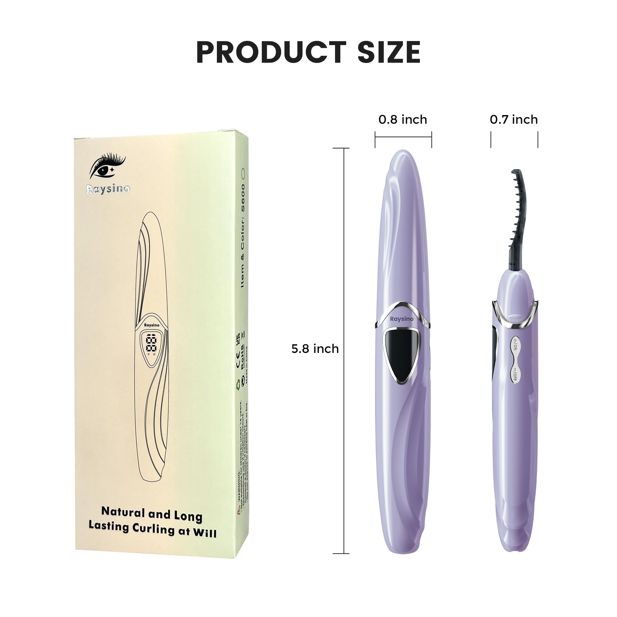 Raysino S600 Heated Eyelash Curler – 8s Fast Heating, 24h Curl, Rechargeable (Lilac/Silver)