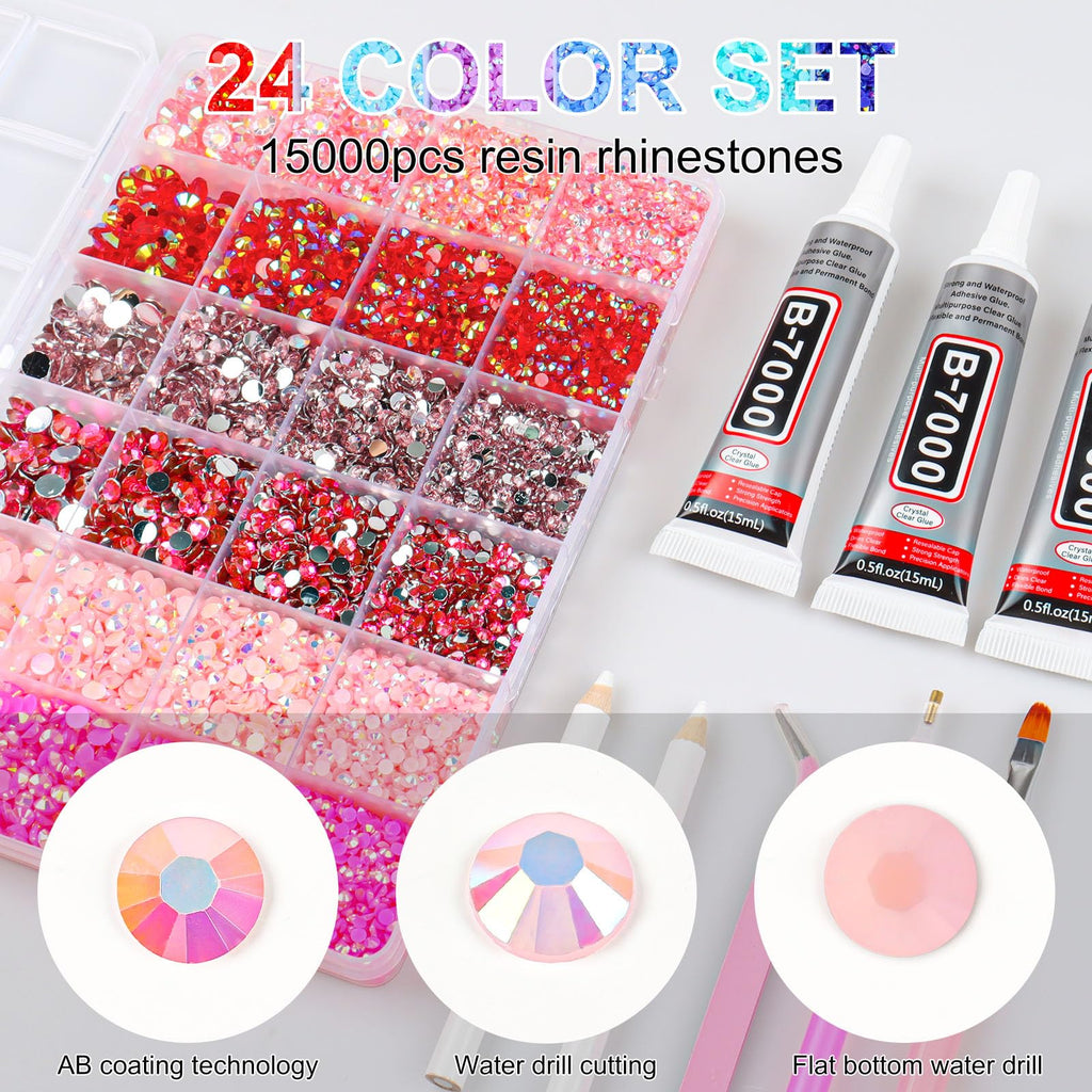 Razet Pink Rhinestones Bedazzling Kit – 19200pcs 3mm-6mm Flatbacks with B7000 Glue