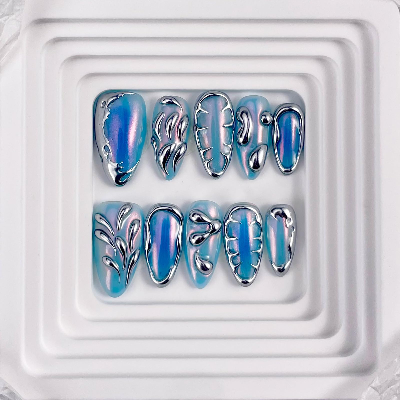 Rdntbeu Blue Ombre Press-On Nails - Medium Almond, 3D Glitter Chrome Design, Reusable Luxury Handmade Nails (Size L)