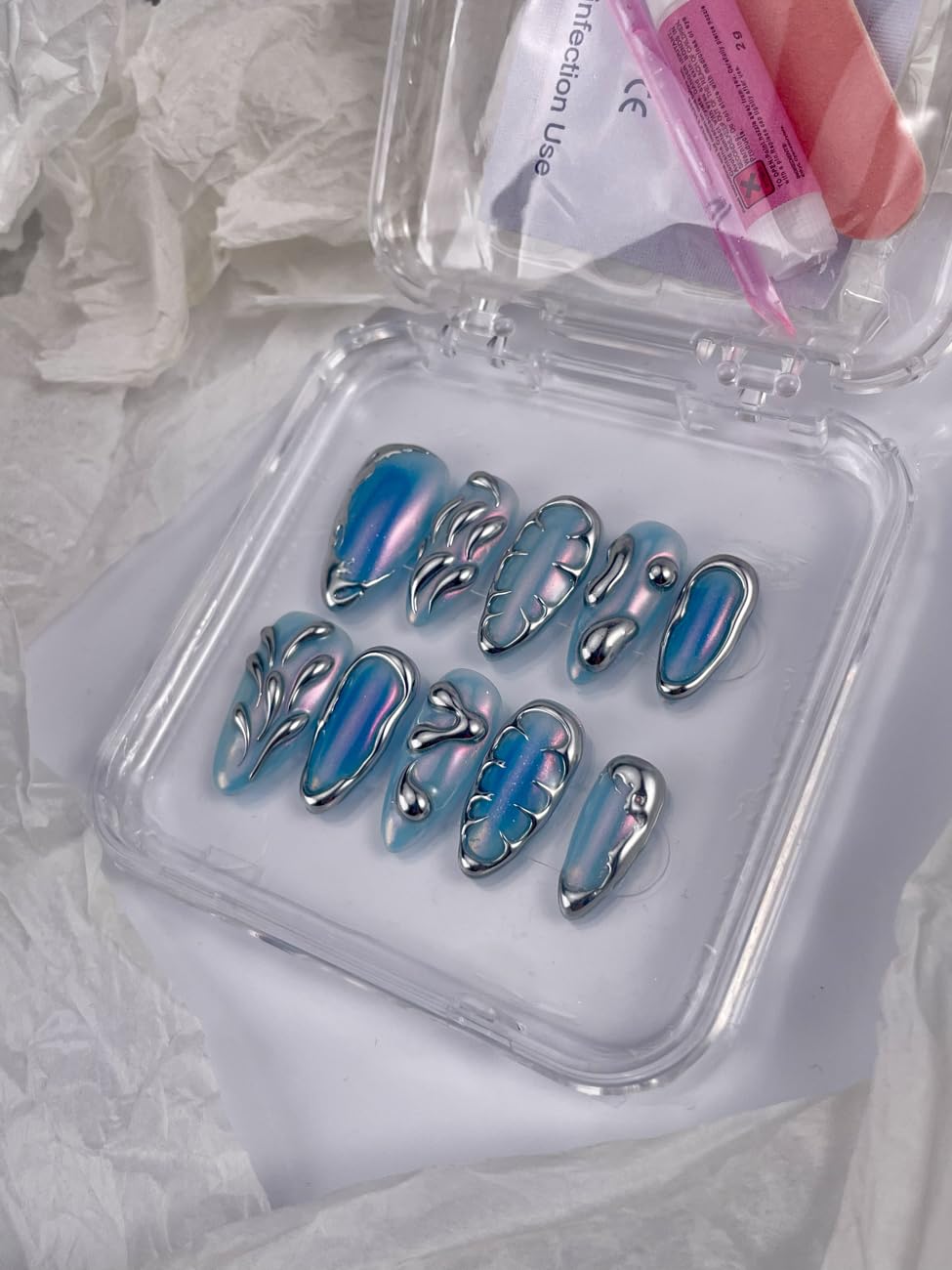 Rdntbeu Blue Ombre Press-On Nails - Medium Almond, 3D Glitter Chrome Design, Reusable Luxury Handmade Nails (Size L)