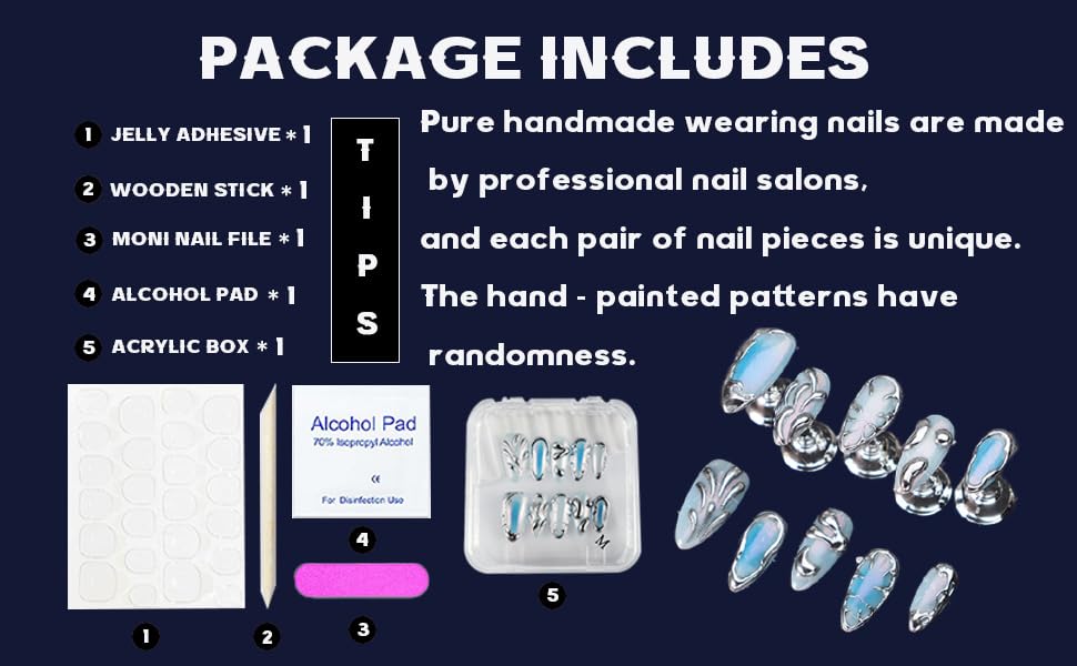 Rdntbeu Blue Ombre Press-On Nails - Medium Almond, 3D Glitter Chrome Design, Reusable Luxury Handmade Nails (Size L)