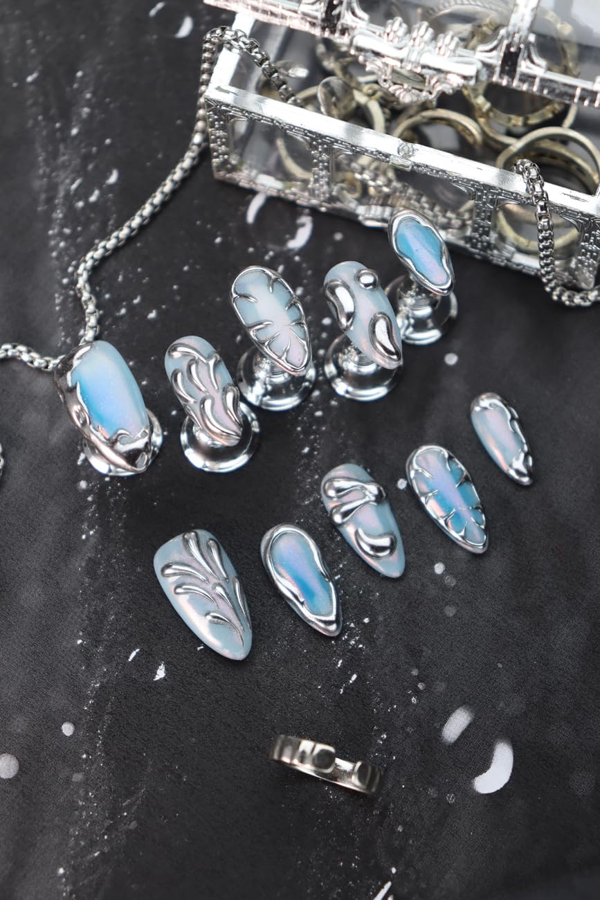 Rdntbeu Blue Ombre Press-On Nails - Medium Almond, 3D Glitter Chrome Design, Reusable Luxury Handmade Nails (Size L)