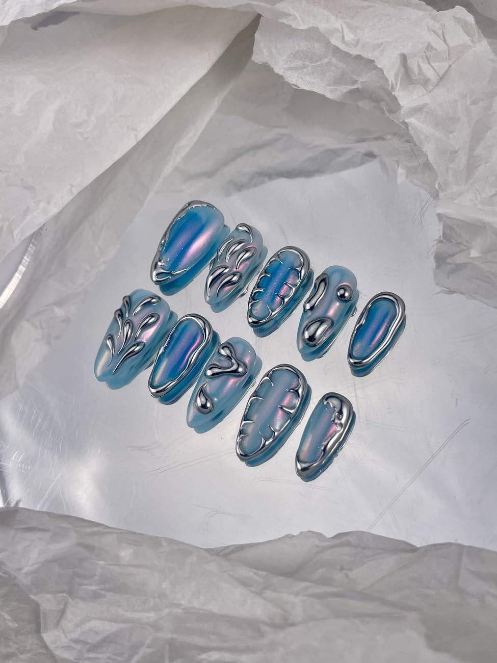Rdntbeu Blue Ombre Press-On Nails - Medium Almond, 3D Glitter Chrome Design, Reusable Luxury Handmade Nails (Size L)